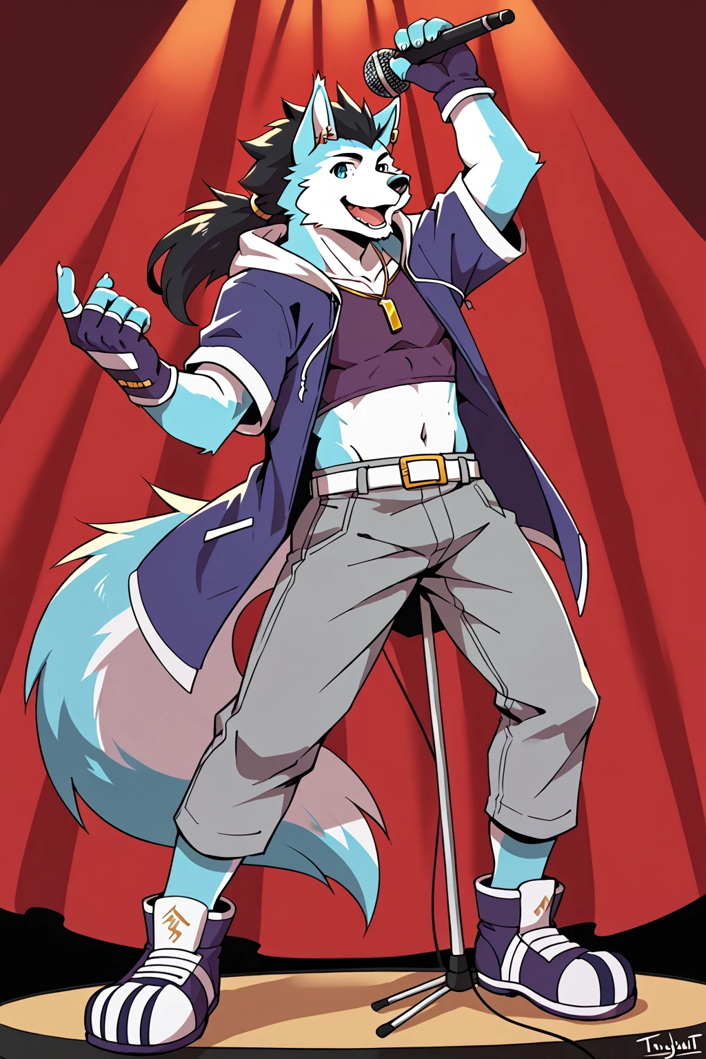 score_5_up, Score_6_up, Score_7_up, solo, shikirowen, cyan fur, white fur, two-tone fur, male, anthro, furry male, furry, blue pupils, white sclera, black hair, animal ears, ponytail, wolf boy, wolf tail, long hair, wolf ears, animal nose, black nose, gold ear piercing, gold amulet necklace, clothingutau, dark purple crop top, purple jacket, white hood, hood down, gray pants, white belt, gold belt buckle, dark purple fingerless gloves, dark purple shoes, navel, midriff, stage, dancing, singing, microphone