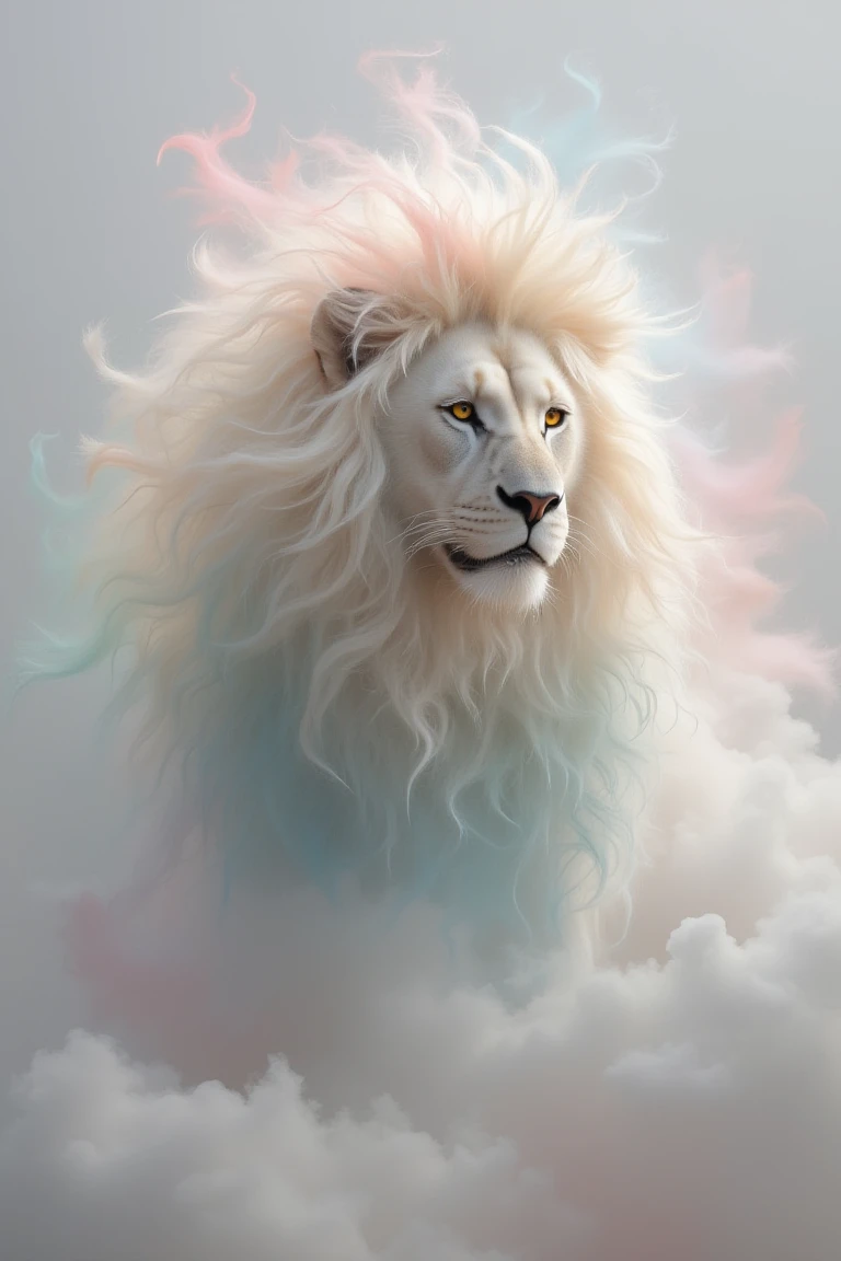 A majestic white lion stands prominently, its mane a flowing cascade of pastels. The mane features hues of pink, peach, and teal, blending seamlessly into a cloud-like background of matching colors. The lion's golden eyes are intense and focused, its fur smooth and immaculate. Swirling mist surrounds the creature, creating an ethereal and almost surreal atmosphere, highlighting the lion's regal and otherworldly presence.