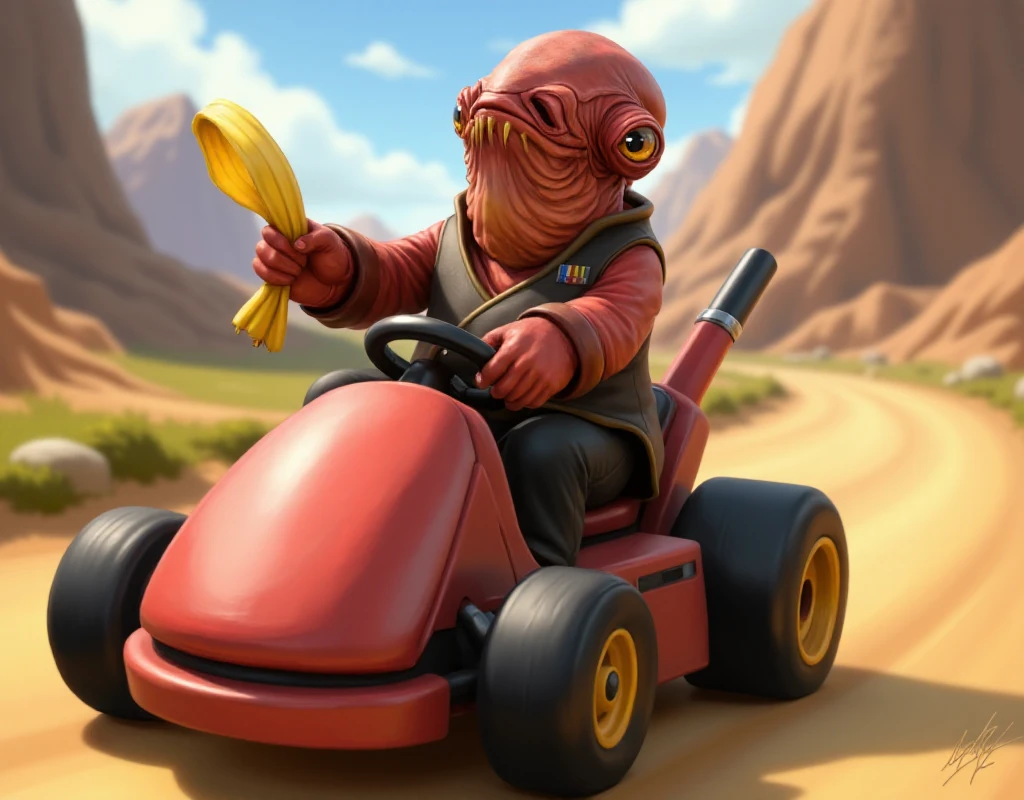 Amiral Ackbar is a anthropomorphic calamar. He is a mario kart character driving a karting. He hold a banana peel <lora:Amiral_AckbarV2:0.9>