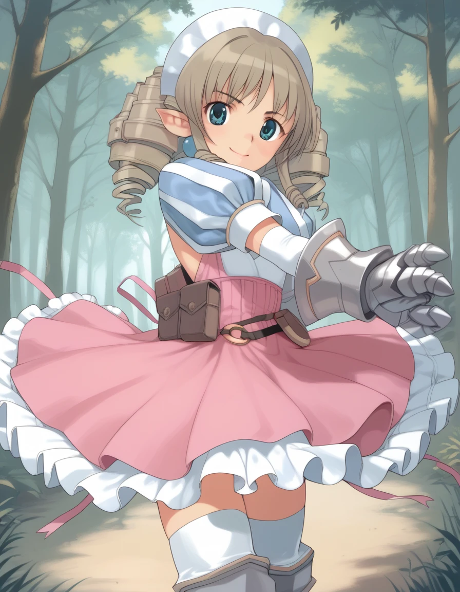 ymir_(queen's_blade), drill hair, blue eyes, pointy ears, brown hair, hairband, flat chest,
armored dress, blue striped, elbow gloves, pink dress,puffy short sleeves ,frills, thighhighs, zettai ryouiki,greaves, thigh boots,
single gauntlet
<lora:ymir_(queen's_blade)_pony_v1-000030:1>
standing, dynamic pose ,
closed mouth, blush,light smile
looking at viewer,(cowboy shot:1.2),
outdoors,forrest, score_9, score_8_up, score_7_up, best quapoty, highres, absurdres, source_anime, zPDXL3, 1girl,solo