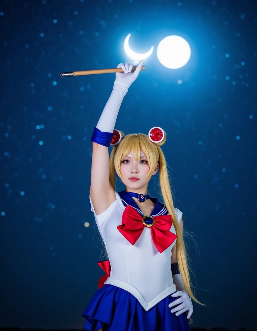 ggasia11k cosplay concept, Cinematic photography of a realistic woman cosplaying as Sailor Moon: A cosplayer portraying Sailor Moon, wearing the classic white, blue, and red sailor outfit. She holds her Moon Stick aloft, casting a magical glow, with a full moon shining brightly in the starry night sky behind her.     <lora:cosplay_flux_V1:0.8>