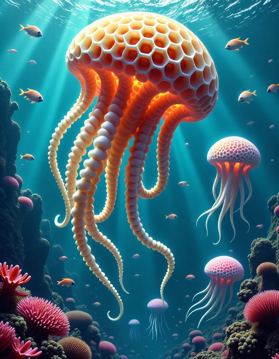 <lora:Flux_-_Honeycomb_Style:1> A colossal, floating jellyfish made entirely out of honeycomb structures, drifting through an underwater alien realm. Its long tentacles extend for miles, each formed from glowing, translucent honeycomb strands that pulse with bioluminescent energy. Schools of bizarre, honeycomb fish swirl around it, while the ocean floor below is dotted with honeycomb coral reefs. Strange, shifting currents carry iridescent honeycomb particles through the water, and giant underwater honeycomb geysers shoot glowing liquid into the dark abyss. The scene is otherworldly, a fusion of aquatic life and futuristic technology
