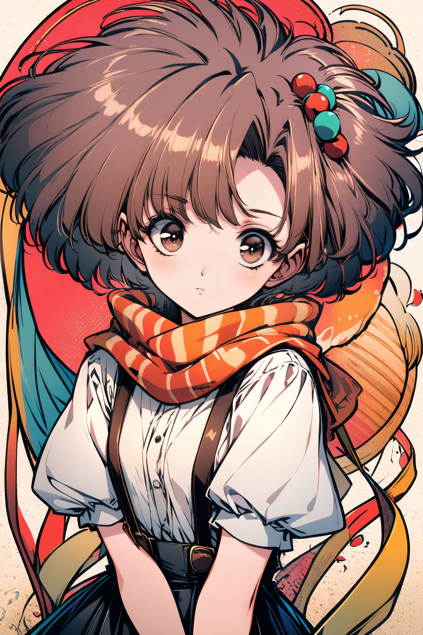 1girl,solo,scarf,suspenders,hair ornament,hair bobbles,short sleeves,looking at viewer,skirt,brown hair,brown eyes,shirt,upper body,short hair,puffy short sleeves,puffy sleeves,white shirt,suspender skirt,
<lora:Old Fashioned Celluloid_XL:1>,