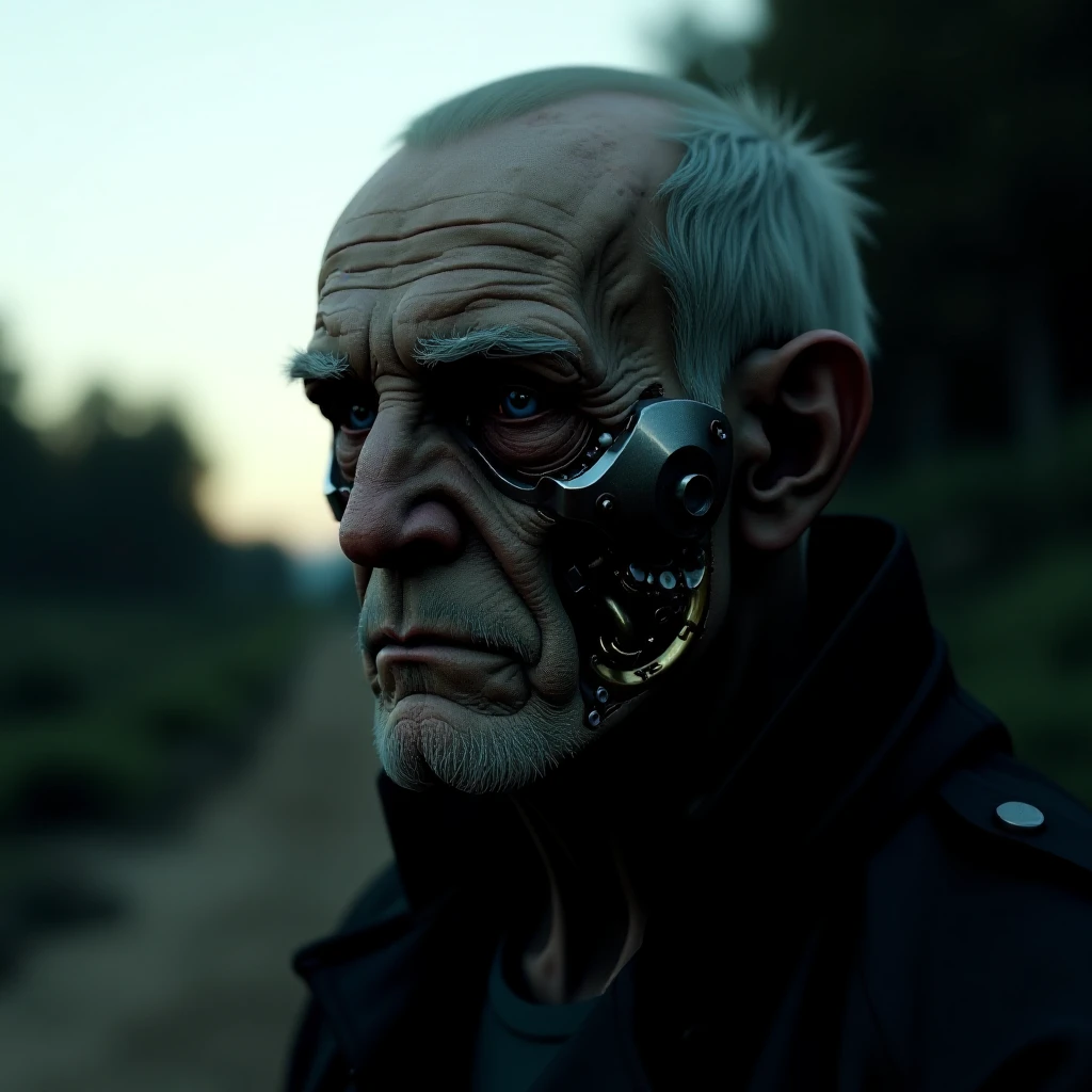 post-apocalyptic scene, outdoors, late afternoon, somber mood, highly detailed, photorealistic CGI rendering of a humanoid figure with a cybernetic face with augments, subject is a bald, elderly man with a deeply lined and weathered face, pale, almost translucent complexion revealing intricate, mechanical components beneath, mechanical parts are a mix of brass, copper, and silver, intricately woven into the flesh, giving a macabre, biomechanical appearance  <lora:postApocalypse_v1:0.6> <lora:flux/aidmaImageUpgrader-FLUX-V0.1>, detailmaximizer,  <lora:scifi/fluxAugments_v2:0.8> <lora:Magic of Art  2  (FLUX)>, Cinematic style, Beauty, Realism, Photorealism, Chiaroscuro, High quality, <lora:flux/The beauty of realism (FLUX)>, Beauty, chiaroscuro, play of shadow and light, realistic.