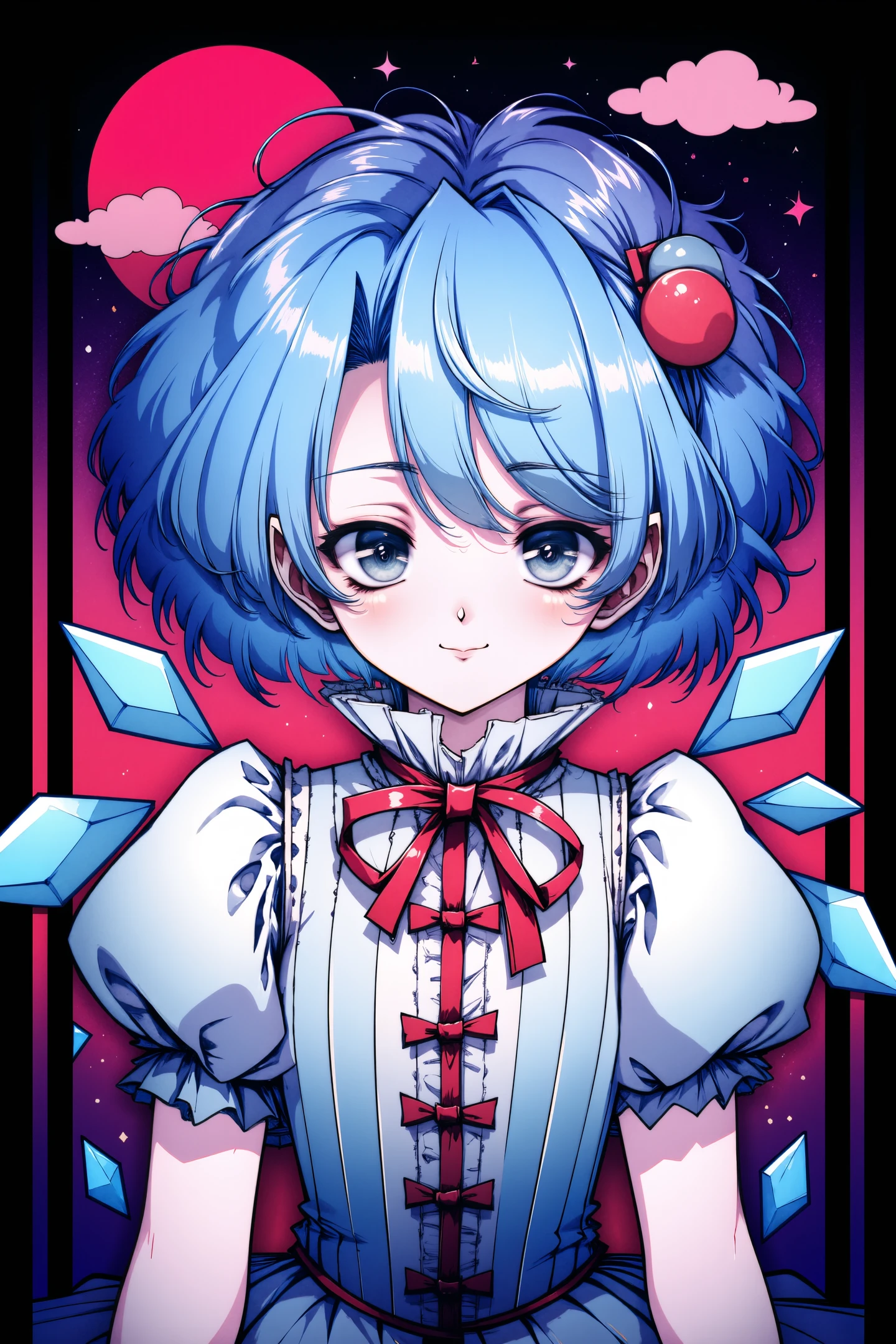 1girl,solo,cirno,blue hair,hair bow,wings,bow,short sleeves,smile,red ribbon,blue eyes,puffy sleeves,looking at viewer,puffy short sleeves,short hair,ribbon,dress,ice wings,neck ribbon,upper body,closed mouth,black border,frills,shirt,night sky,cloud,red full moon,
<lora:Old Fashioned Celluloid_FLUX:1>,