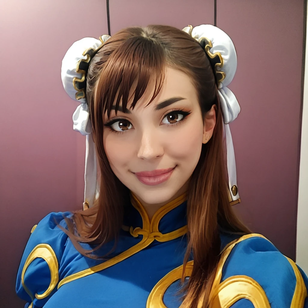 <lora:Pony_Missy_Le:1>,m1ssyl3fg, 1girl, solo, brown hair, brown eyes,  looking at viewer, long hair, upper body, bangs, long sleeves, closed mouth, lips, chun-li outfit, cosplay, large breasts, smile