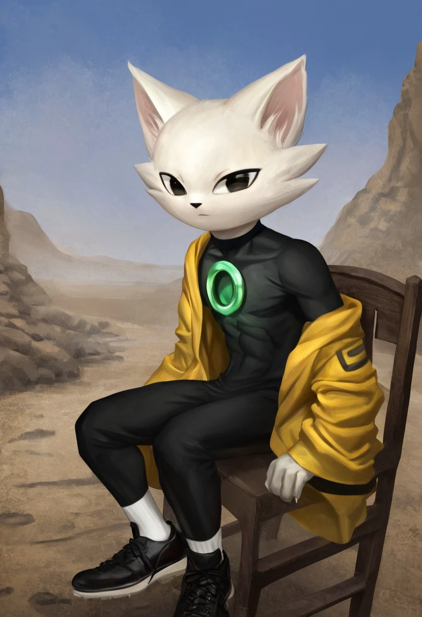 Yi[NS], Yi[Nine Sols], white body, white fur, animal ears, black pupils, cat, cat-like, alien, alien like cat, (Male Anthro cat:1.5)
Solo, alone, by himself, 1boy, male.
clothing, clothed, black body suit, black shoes, oversized yellow robe
athletic, athletic body, muscles. (athletic body), (white body:1.1),
HD, digital painting, digital art, masterpiece.
Happy emotion, happy. 
sitting, sitting on chair, on chair, sitting down
Outside, battlefield, ww1. (outside:1.1) 
HD, digital painting, digital art, masterpiece ((fullbody portrait)), digital drawing (artwork), digital media (artwork), hi res.  negative_hand. PLNA[Style], Art by PLNA[Style], furry, furry art, cartoon like, anthro,