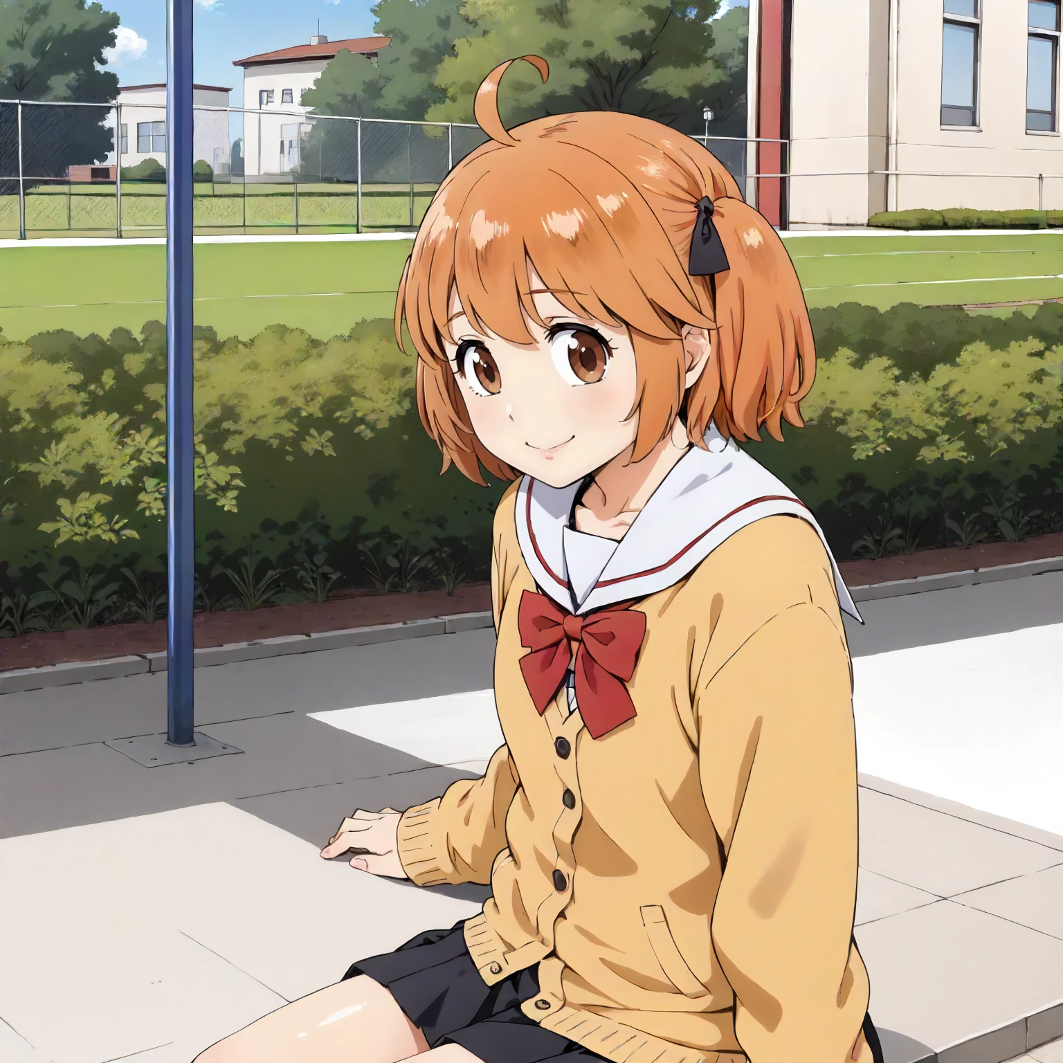 <lora:HiNO_MoeAshiharaXLpony002>,
outdoors,
smile,
solo,
MoeAshihara,1girl,orange hair,ahoge,two-side up,hair bow,brown eyes,
school_uniform,white sailor color,yellow cardigan,
black skirt,
sitting,