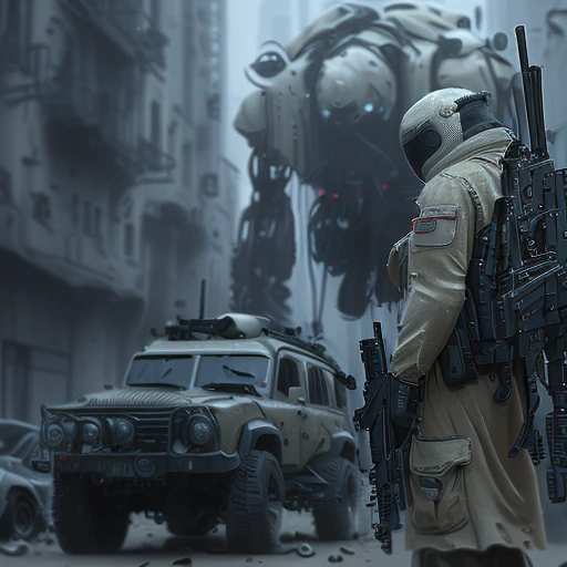 guns, SUV, there is a mech in the city standing behind a car there is a hunter in the foreground to the right, factory