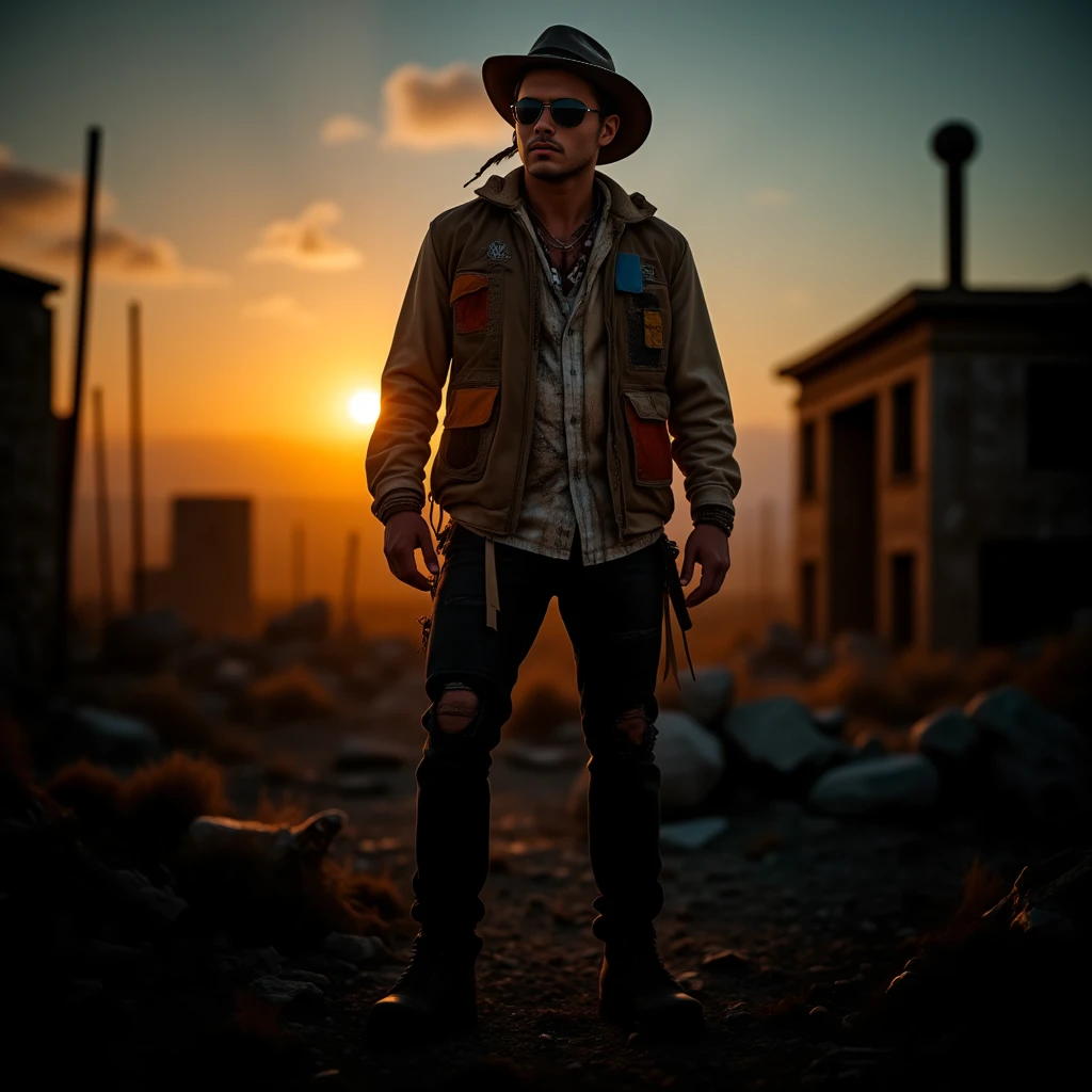 In a world where civilization has fallen, a retro-styled post-apocalyptic survivor stands tall amidst the ruins, forever frozen in an intense and highly detailed HDR photograph. As the sun sets, volumetric lighting casts deep, clear shadows and highlights across the wasteland, creating an atmospheric and moody image. The survivor's clothing, a patchwork of rugged, weathered fabrics, hints at a past life now faded and tattered. Their stance exudes a sense of determination and strength in the face of adversity, embodying resilience and defiance in a world where survival is a daily struggle. The vivid colors and realistic textures of the scene capture the essence of a world forever changed by catastrophe, while the survivor remains a beacon of hope, their image a hauntingly beautiful portrait of life in a post-apocalyptic world.  <lora:flux_trainer/postApocalypse_v1_rank64_bf16:0.8>, <lora:flux/Sinfully_Stylish_.02_for_FLUX-000002>, <lora:flux/aidmaImageUpgrader-FLUX-V0.1>, detailmaximizer, <lora:flux/perfection style v1>, perfection style,