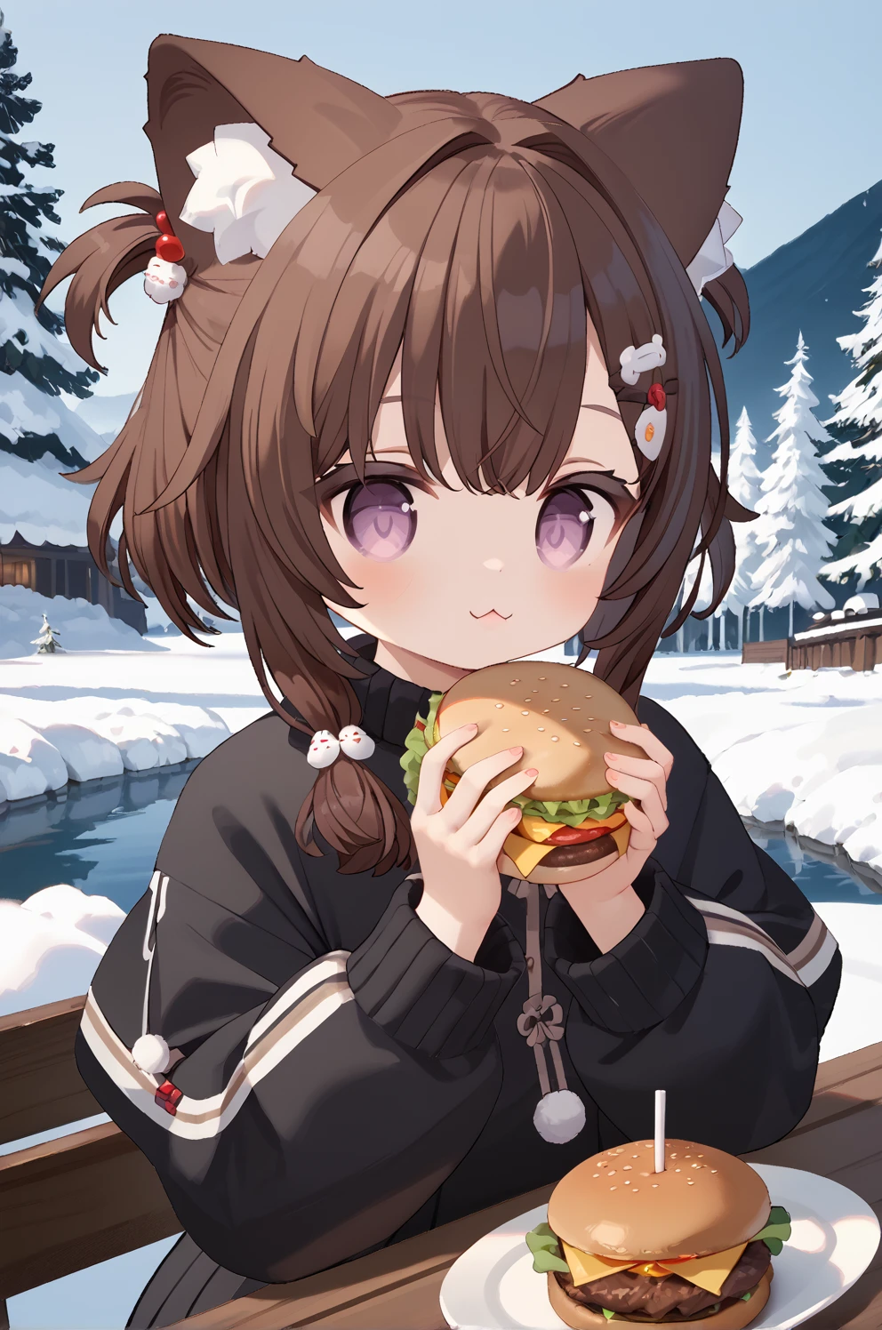 score_9, score_8_up, score_7_up,source_anime, 1girl, sn0w0inari, cute, brown hair, animal ears, hair ornament, twintails, animal ear fluff, short hair, purple eyes
,very smily face, pure black clothes, offering a burger, snow peaks, near lake, volumetric lighting, masterpiece, daytime, perfect composition, lake background