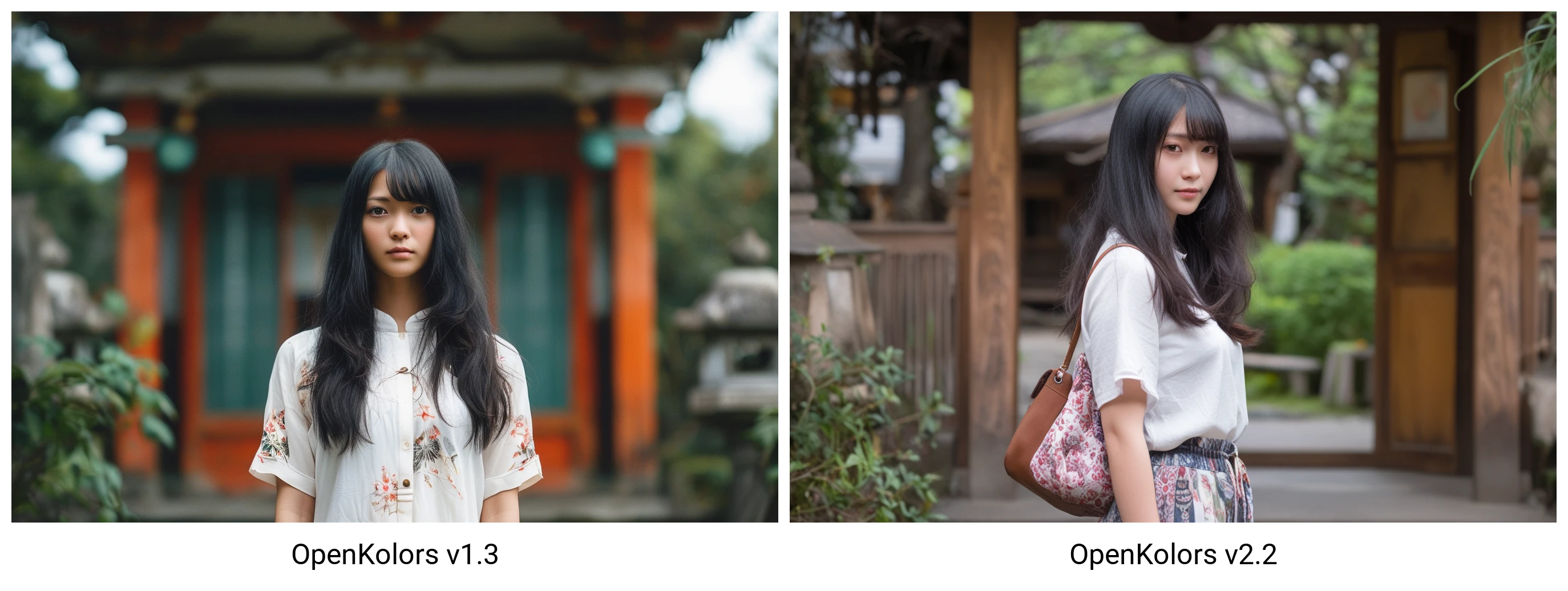 çå®é£æ ¼, realistic photo, Iori Moe, a woman standing at an entrance to a pagoda-style building with traditional Japanese elements. She has long black hair and is dressed in a white top with a floral accessory. The scene is outdoors with natural elements such as plants and greenery in the background and surroundings. shorts, solo, long hair, outdoors, shirt, black hair, bag