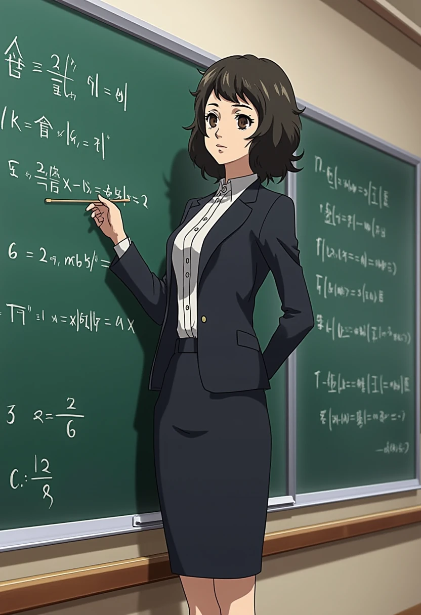 Anime style, sharp, high contrast and highly detailed. Ghibli anime style. Perfect anatomy. Perfect body ratio. No oversized head. No blurry, out of focus pictures. No simple background, no single color background. Small head.
sadayo_kawakami is standing in a classroom in front of a blackboard. She is wearing a dark blazer, a shirt and a pencil skirt. She is pointing to a formula written on the blackboard using a stick. She is a teacher teaching math class.
 <lora:Persona5_sadayo_kawakami_flux_1_2-000009:1>, full body.