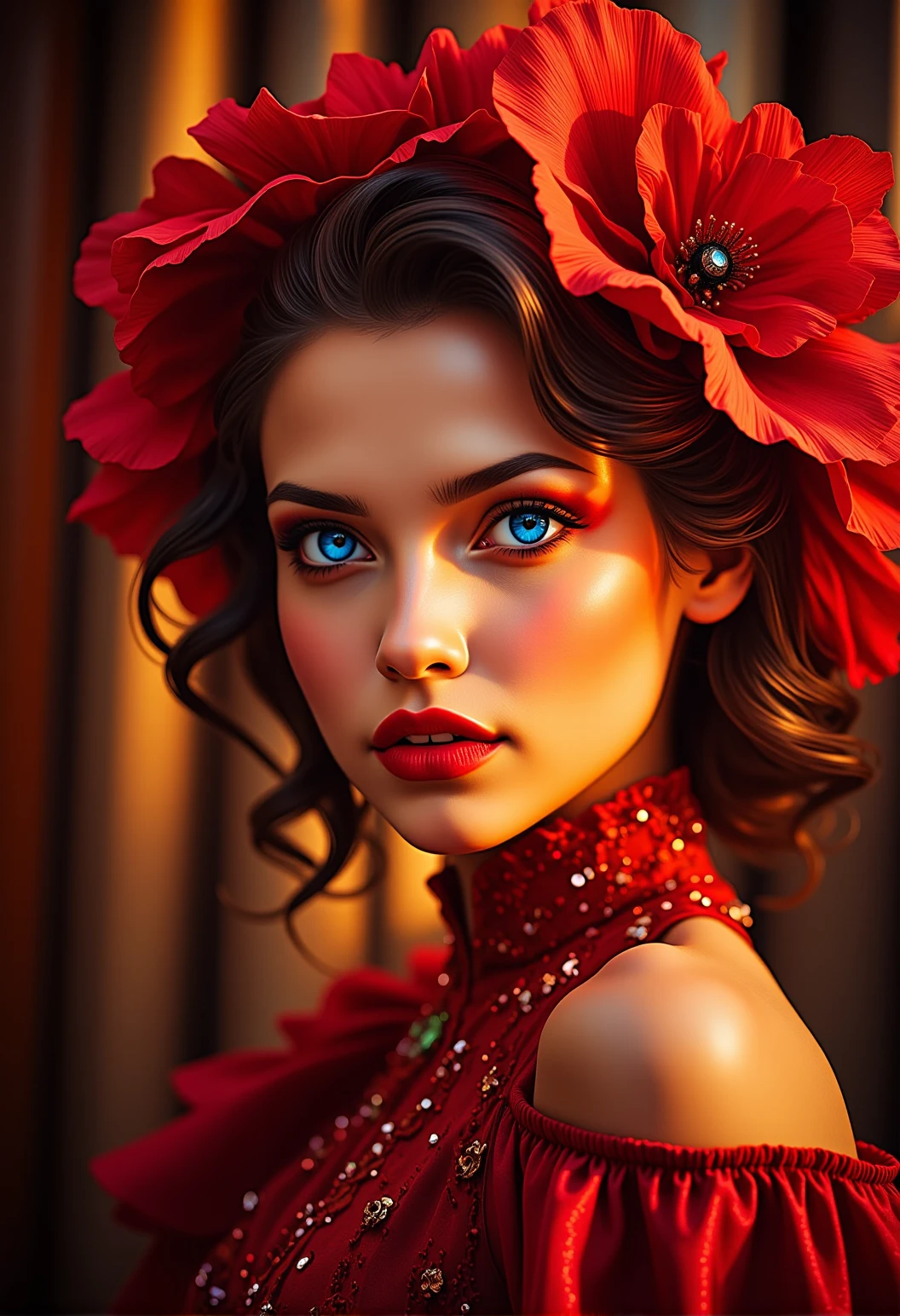 bv-betdigpor. A young woman with vibrant expressions at a glamorous masquerade ball. The scene is illuminated by warm golden evening sunlight. The image showcases a stunning portrait, focusing on flawless skin, vibrant colors, and deep contrasts, capturing the essence of the event and atmosphere. , <lora:bv-better-digital-portrait.safetensors:1.0:1.0>