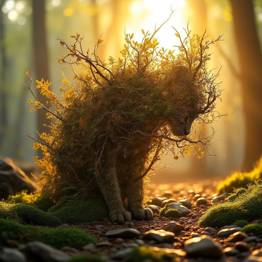 A surreal cinematic masterpiece! A 35mm lens captures the essence of golden hour, double exposure combining branches rocks and moss to create the figure of a cat, ultra detailed, ultra realistic, 8k