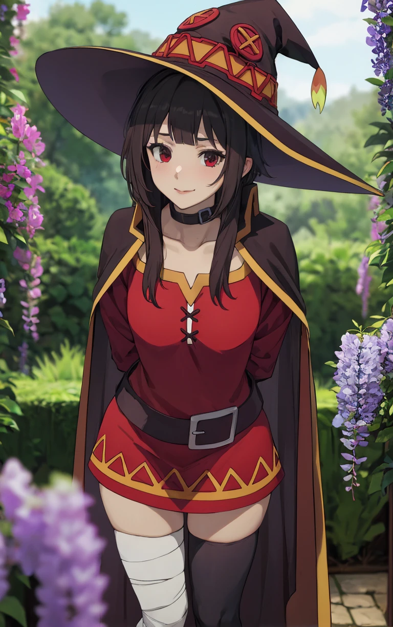 (masterpiece, best quality:1.4), insaneres, absurdres, solo, looking at viewer,BREAK 
MainOutfit_Megumin_ownwaifu, 
1girl, brown hair, megumin, short hair with long locks, witch hat, red eyes, collar, collarbone, bangs,
cape, red dress, fingerless gloves, black gloves, belt, bandaged leg, single thighhigh, black thighhighs, asymmetrical legwear, black cape, mismatched legwear, black headwear, black belt, long sleeves, detached sleeves, short dress,
(leaning forward, arms behind back), cowboy shot, garden, wisteria, outdoors, <lora:ANIME_KonoSuba_Megumin_ownwaifu:0.85> , depth of field, solo,