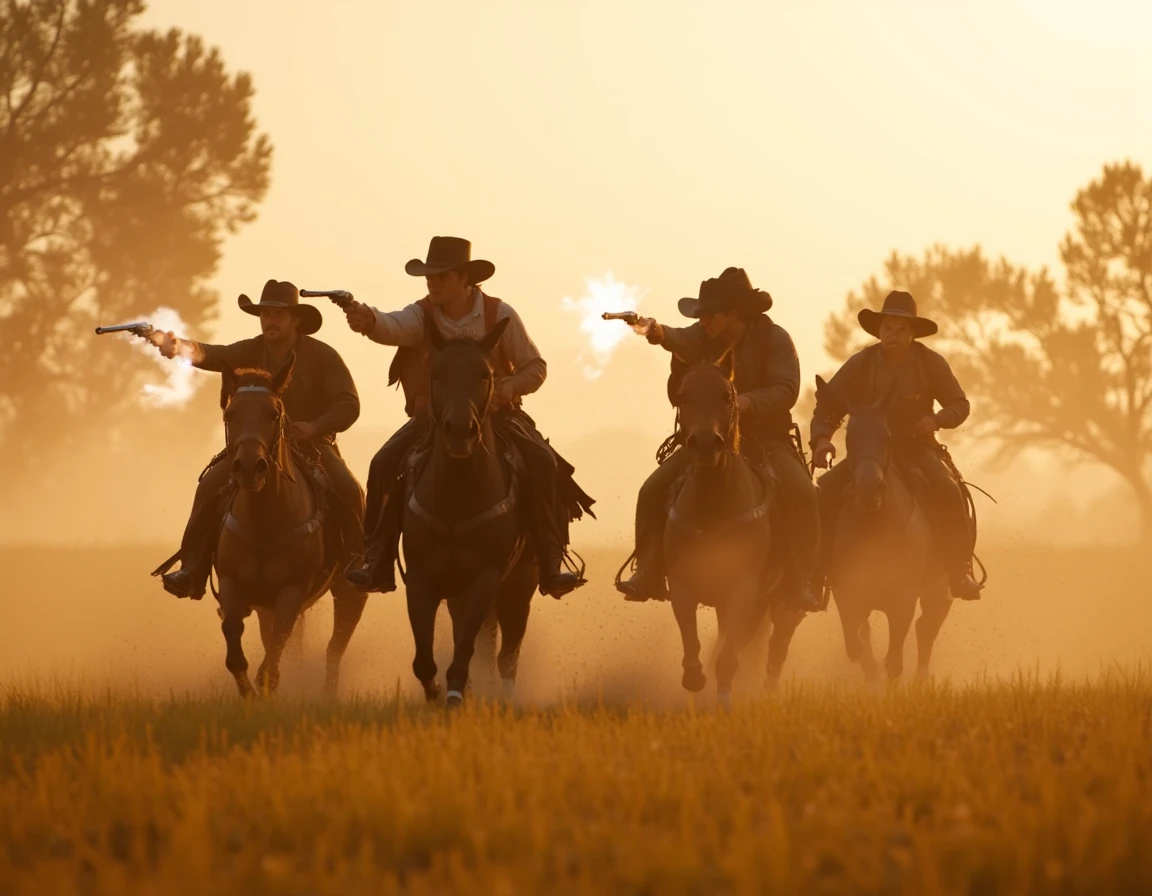 <lora:B4A_Wild_West_-_Flux1-000018:1> a b4a action-packed scene of cowboys on horses galloping at full speed, shooting revolvers, surrounded by golden prairie grass and silhouetted trees. Warm afternoon sunlight with high contrast. Epic composition, with wide-angle perspective, cinematic style.