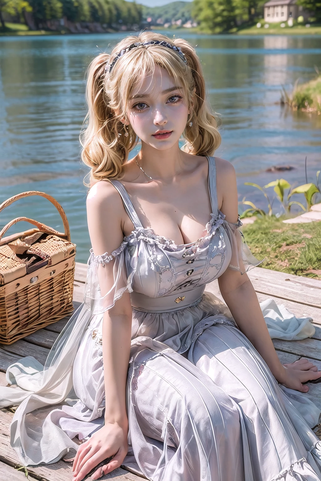 (masterpiece, best quality:1.2),illustration,8k,hd,1 girl,blonde hair,very long hair,solo,(collarbone:1.2),looking at viewer,twintails,
picnic,white dress,jewelry,earrings,hairband,frills,big breasts,outdoors,(day, lake:1.5),extremely detailed dress,crystalstexture skin,front view,