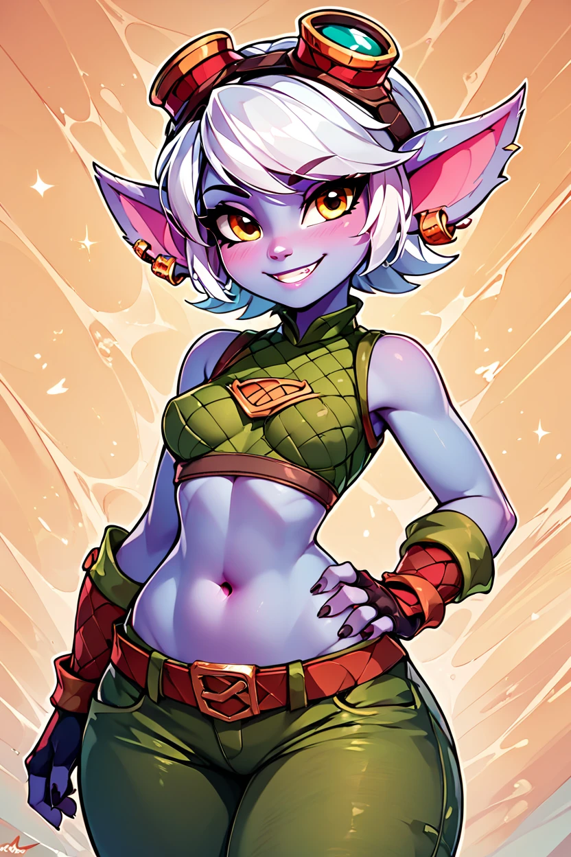 score_9, score_8_up, score_8, medium breasts, (curvy), cute, eyelashes,       BREAK, ,  zztristana, navel, goggles, goggles on head, bare shoulders, white hair, earrings, pants,  <lora:Tristana_PDXL:0.8>, BREAK, smile, looking at viewer,  abstract background, white outline, cowboy shot, embedding:zPDXL, Expressiveh, <lora:CatalystStylePDXL:0.6>,  <lora:SDXLFaeTastic2400:0.5>,  <lora:Expressive_H-000001:0.4>,