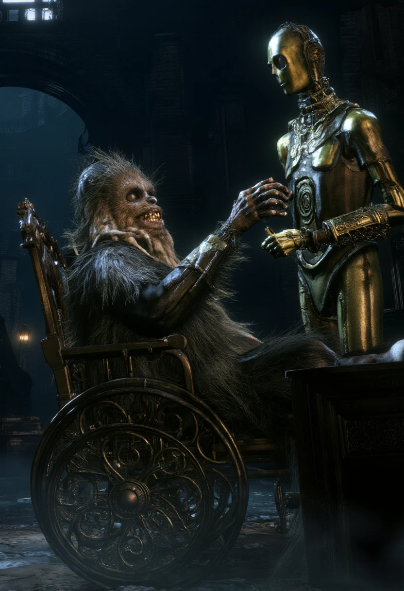 <lora:Bloodborne_Style_FLUX:1.2> bbstyle, horror theme,  Chewbacca making out with C3PO