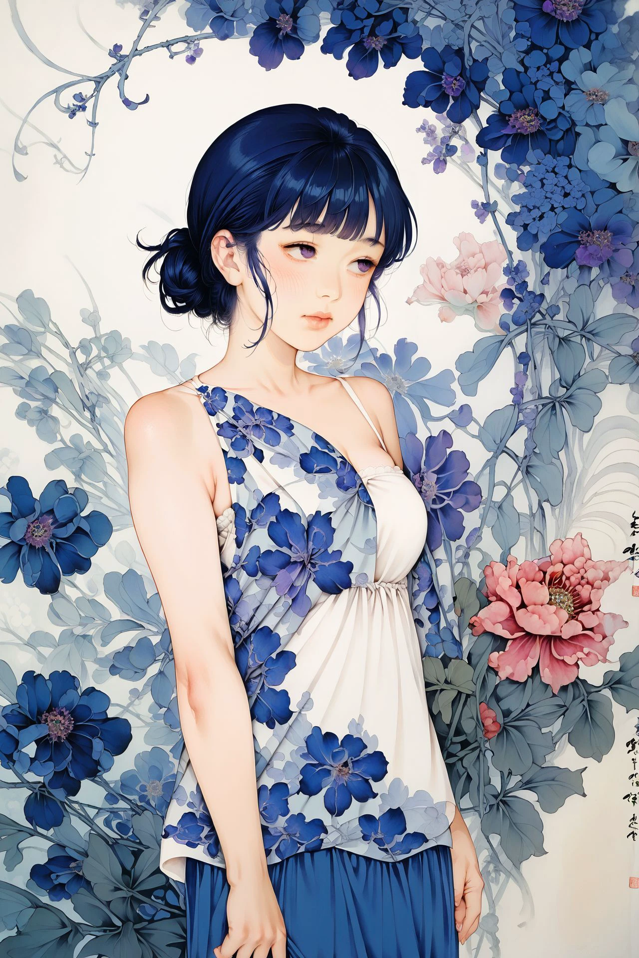 score_7_up, 1girl, solo, blush, looking away, purple eyes, straight-across_bangs, dark_blue hair, medium breasts, floral_background,  <lora:gongbi_PonyXL_style_v01.10.10.02:1>