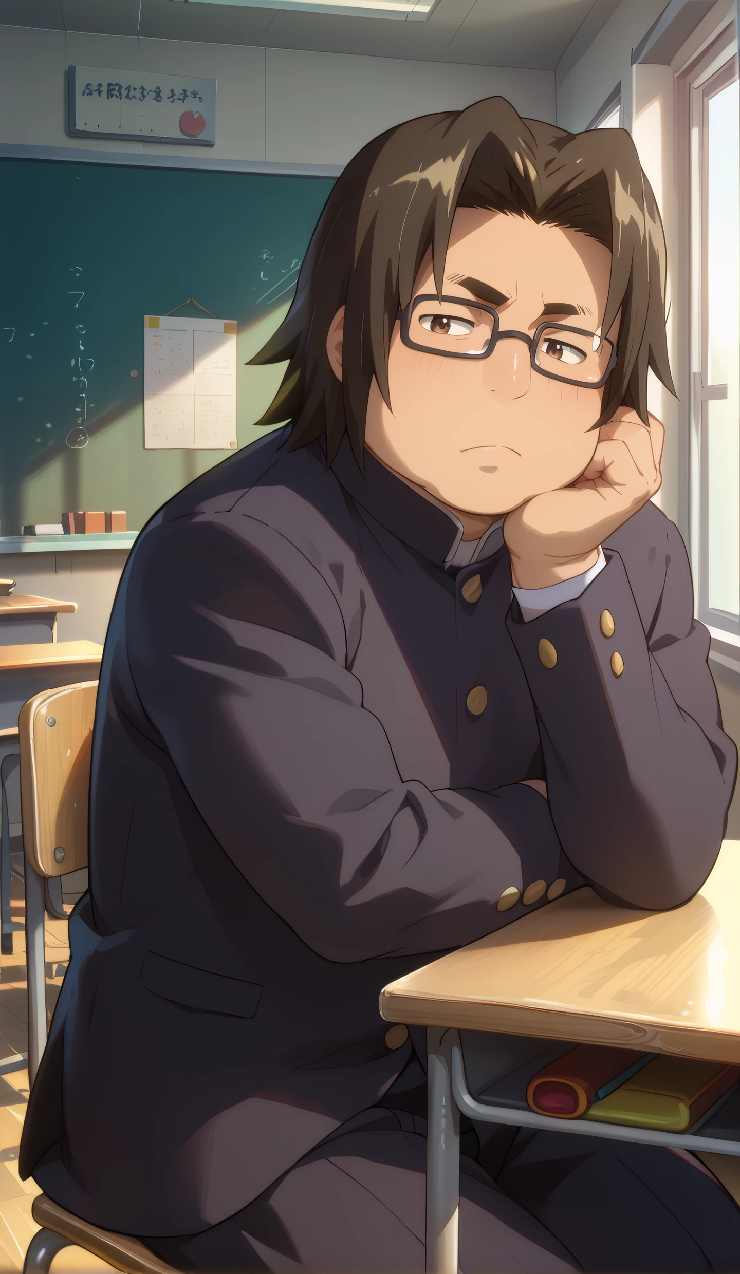 score_9, score_8_up, score_7_up, mature male, looking at viewer, cowboy shot, 
<lora:Hirano_Dwnsty:0.8>,  hirano_kohta, brown eyes, black hair, male focus, school uniform, gakuran, buttons, 
light smile, plump, bored,
indoors, classroom, chair, table, sitting, arm support, head rest,