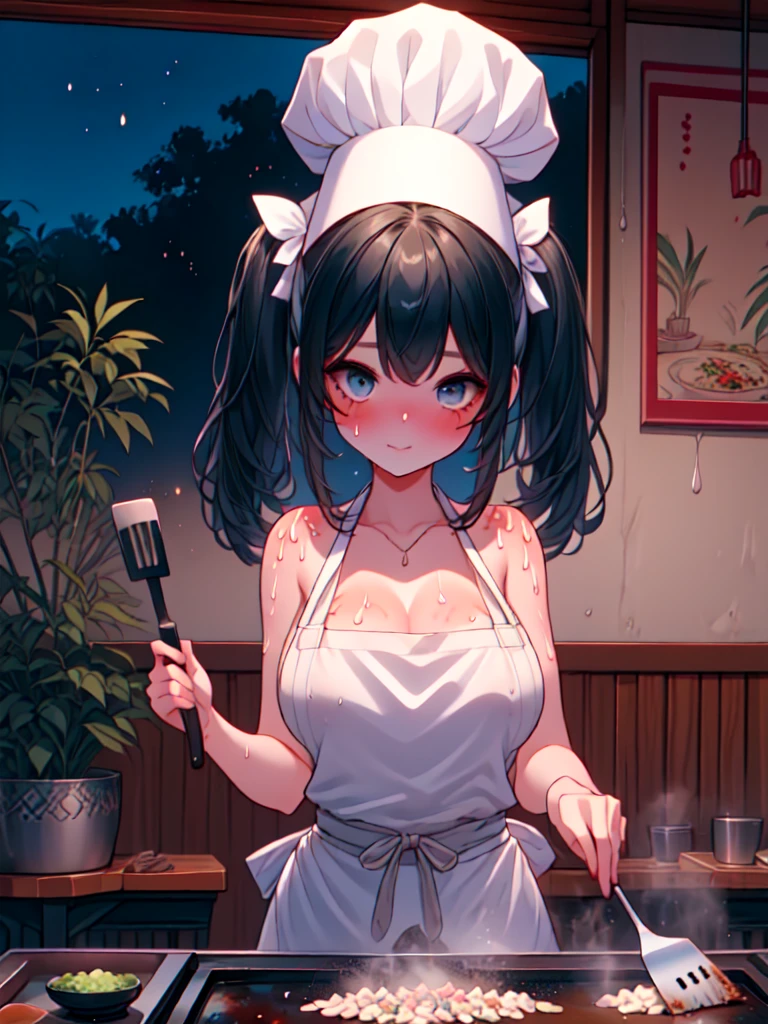 (((2girls, 1girl, a woman))), ((teppanyaki grilling)), [[sitting]], food on teppan, restaurant, leaning forward, holding, cooking, sideboob, sweat, nude apron, naked apron, twintails, sleeveless dress, strap camisole, potted plant, night, lamp, full body, <lora:girlliketeppanyakigrilling:1>