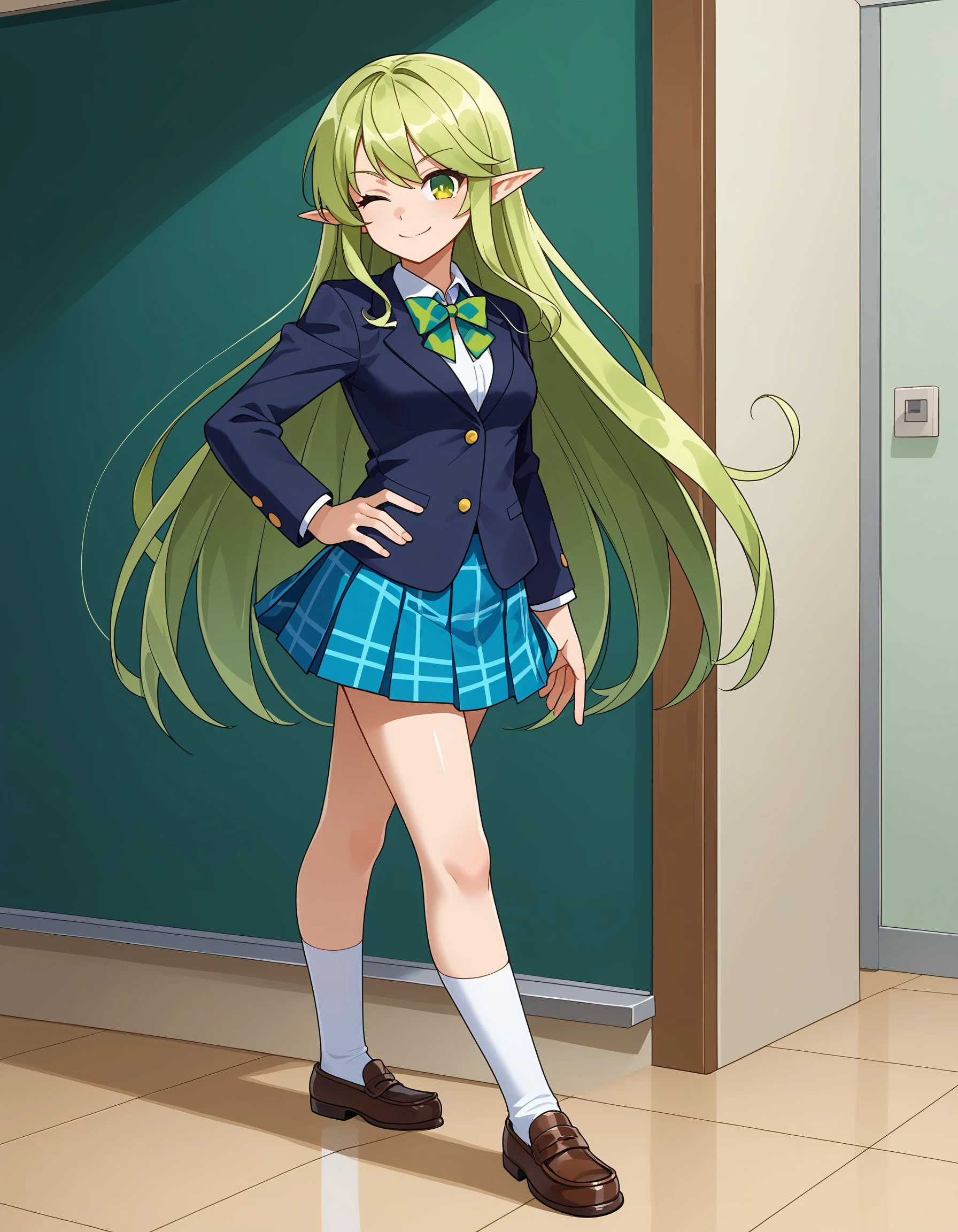 (masterpiece), best quality, expressive eyes, perfect face, rena_erindel, 1girl, long hair, smile, skirt, bow, very long hair, school uniform, green eyes, jacket, pleated skirt, one eye closed, green hair, shoes, pointy ears, socks, hand on hip, plaid, kneehighs, plaid skirt, blazer, elf, loafers, <lora:4cc196dc-410b-4981-8f50-0c1dfc4ef379:0.7>