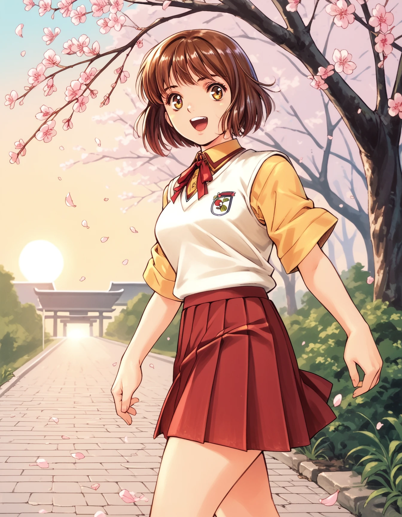 score_9,  score_8_up, score_7_up, <lora:peridot-voice-ponyxl-000022:0.8> shindo, brown hair, sweater vest, white vest, yellow shirt, short sleeves, red ribbon, pleated skirt, red skirt, miniskirt,
solo, cherry blossoms, walking, from side, looking at viewer, happy, open mouth, sunset