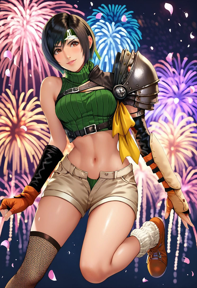 score_9, score_8_up, score_7_up,  score_6_up, score_5_up, Yuffie Kisaragi, 1girl, solo, breasts, short hair, black hair, navel, brown eyes, shoes, midriff, fingerless gloves, crop top, short shorts, headband, turtleneck, shoulder armor, single thighhigh, fishnets, ribbed sweater, open fly, leg warmers, orange footwear, cropped sweater, single sleeve, fireworks, petals