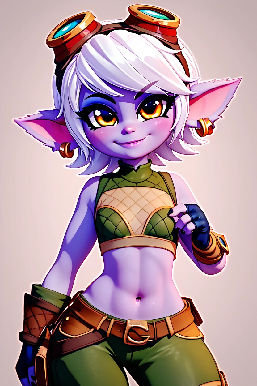 score_9, score_8_up, score_8, medium breasts, (curvy), cute, eyelashes,       BREAK, ,  zztristana, navel, goggles, goggles on head, bare shoulders, white hair, earrings, pants,  <lora:Tristana_PDXL:0.8>, BREAK, smile, closed mouth, looking at viewer, cowboy shot, embedding:zPDXL, Expressiveh, <lora:MantisStyle_PDXL_v2:0.8>,  <lora:SDXLFaeTastic2400:0.5>,  <lora:Expressive_H-000001:0.4>,