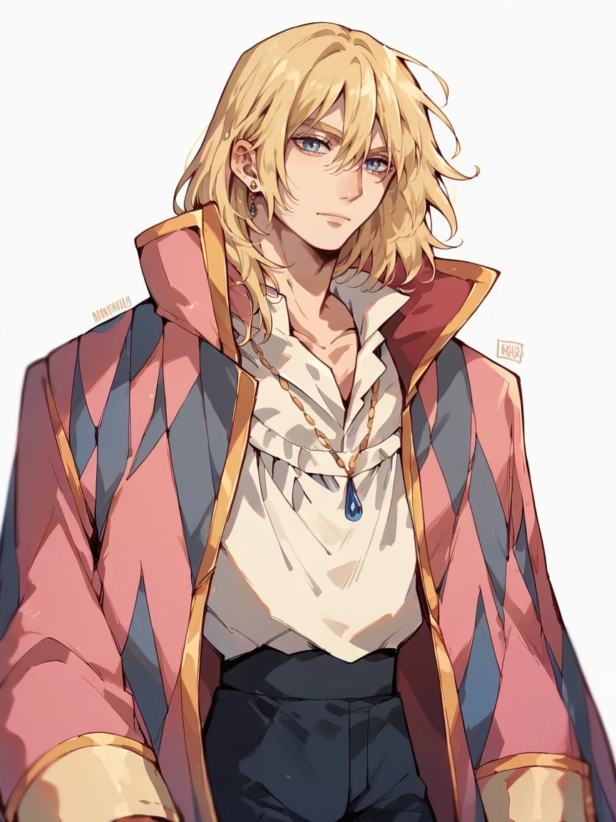 score_9, score_8_up, score_7_up, score_6_up, score_5_up,   <lora:HowlXLP:1> howl, solo, 1boy, blue eyes, blonde hair, jacket on shoulders, jewelry, white background,