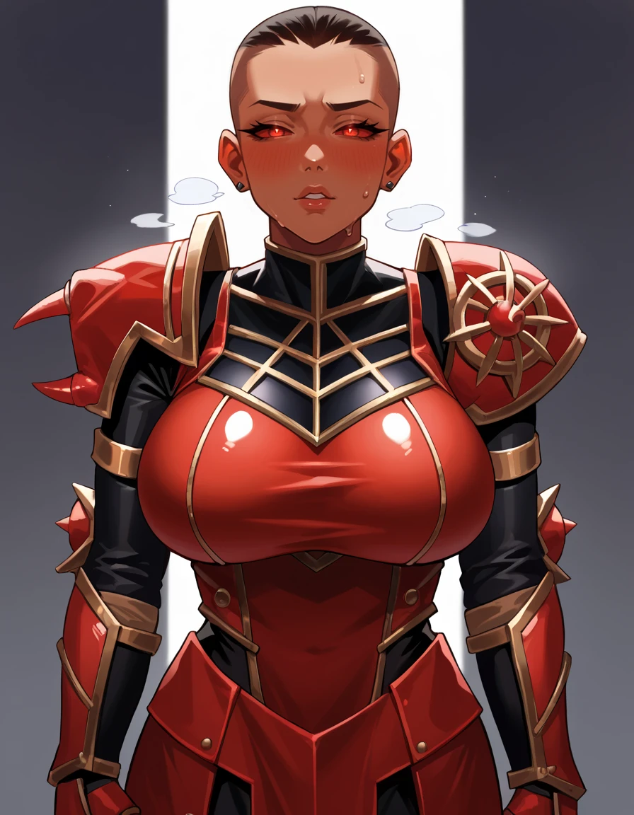 score_9, score_8_up, score_7_up, 2d, cartoon, source_cartoon,
ChosenOfKhorne, armor, glowing eyes, red eyes, red sclera, looking at viewer, in heat, blush, aroused, horny,
dark skin, colored skin, black skin, undercut, 
curvy, huge breasts, solo, sweaty, sweat, steamy,
<lora:ChosenOfKhorne:0.95>