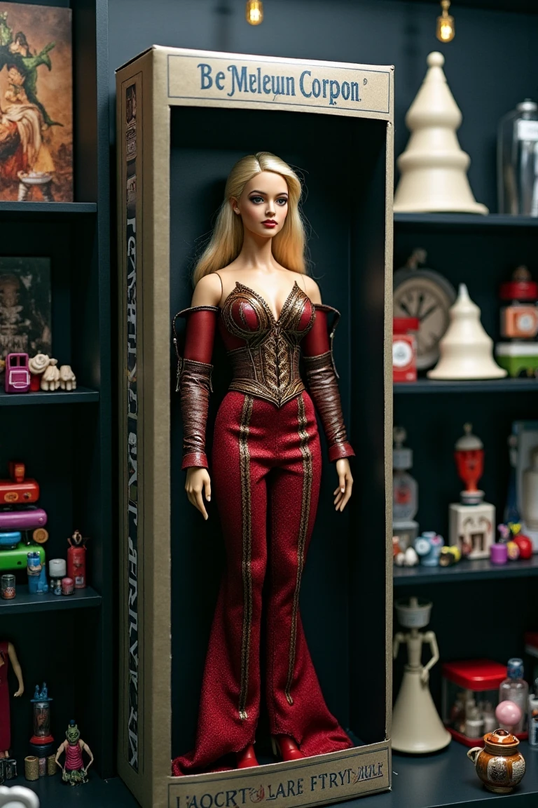 cinematic film still <lora:DollBoxRealisticQuiron_FLUX-000001:1.3> DollBoxRealisticQuiron,   gift doll box  stands with surrounded by various items and many accessories in the display case,   A lifelike figurine Stands prominently displayed. The Doll of emma frost captures iconic features  striking realism. Alongside it, the packaging showcases a cartoon illustration of Centaur fighting  Dragon, adding a dynamic contrast to the realism of the figure.  . shallow depth of field, vignette, highly detailed, high budget, bokeh, cinemascope, moody, epic, gorgeous, film grain, grainy