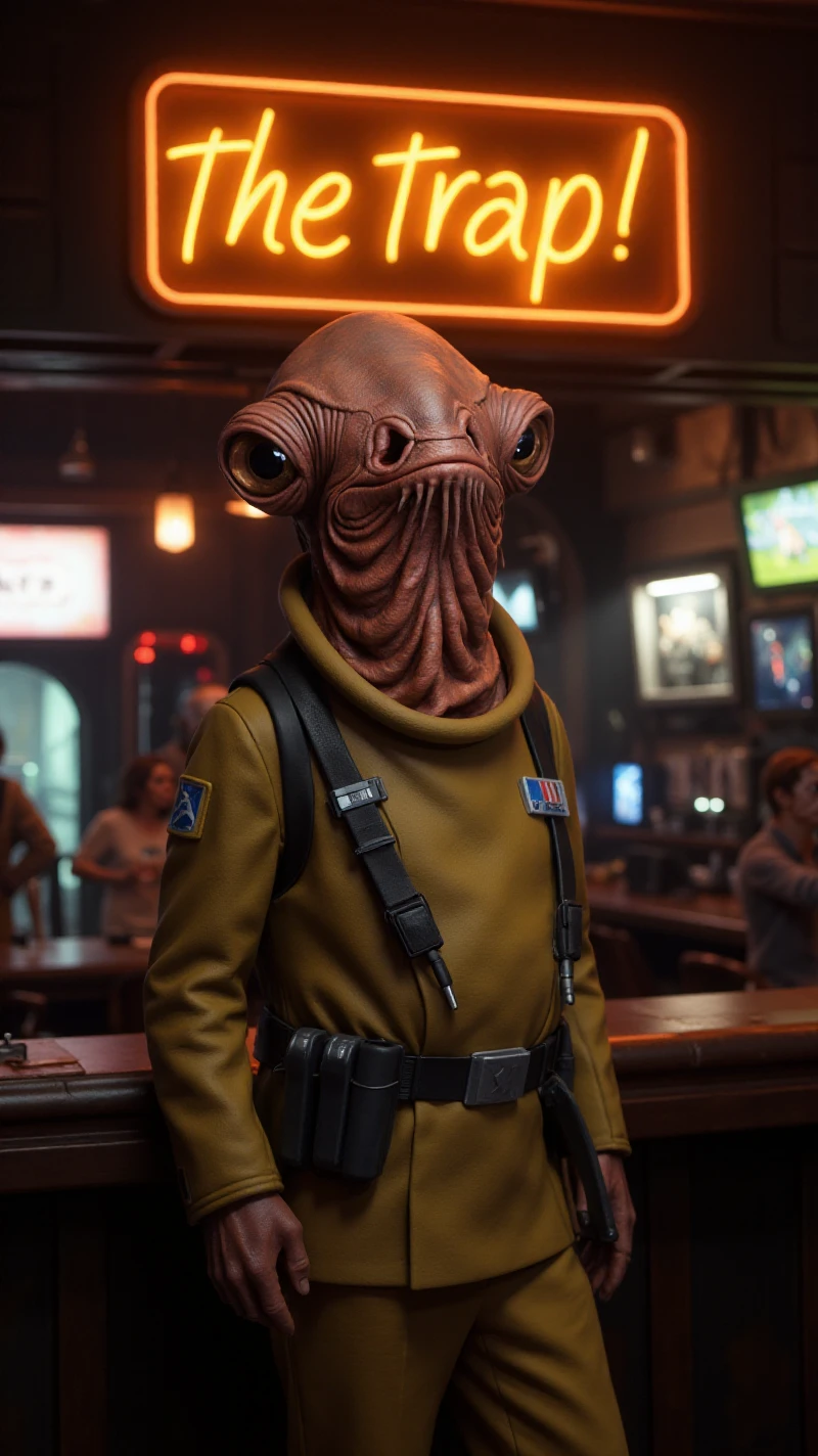 Amiral Ackbar is a anthropomorphic calamar. He is wearing a spacesuit. He is in front of a pub with a neon sign saying "The Trap!" <lora:Amiral_AckbarV2:0.9>