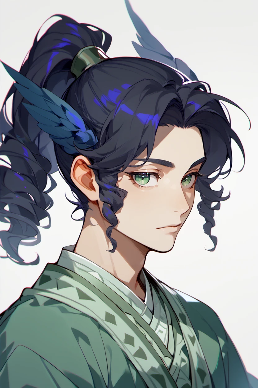 score_9, score_8_up, score_7_up, 1boy, solo, upper body
 <lora:HeadWingsPony:1>  feathered head wings,  blue head wings
 <lora:MaiLanPony:0.8> meilan, green hanfu, ponytail, black hair,  green eyes