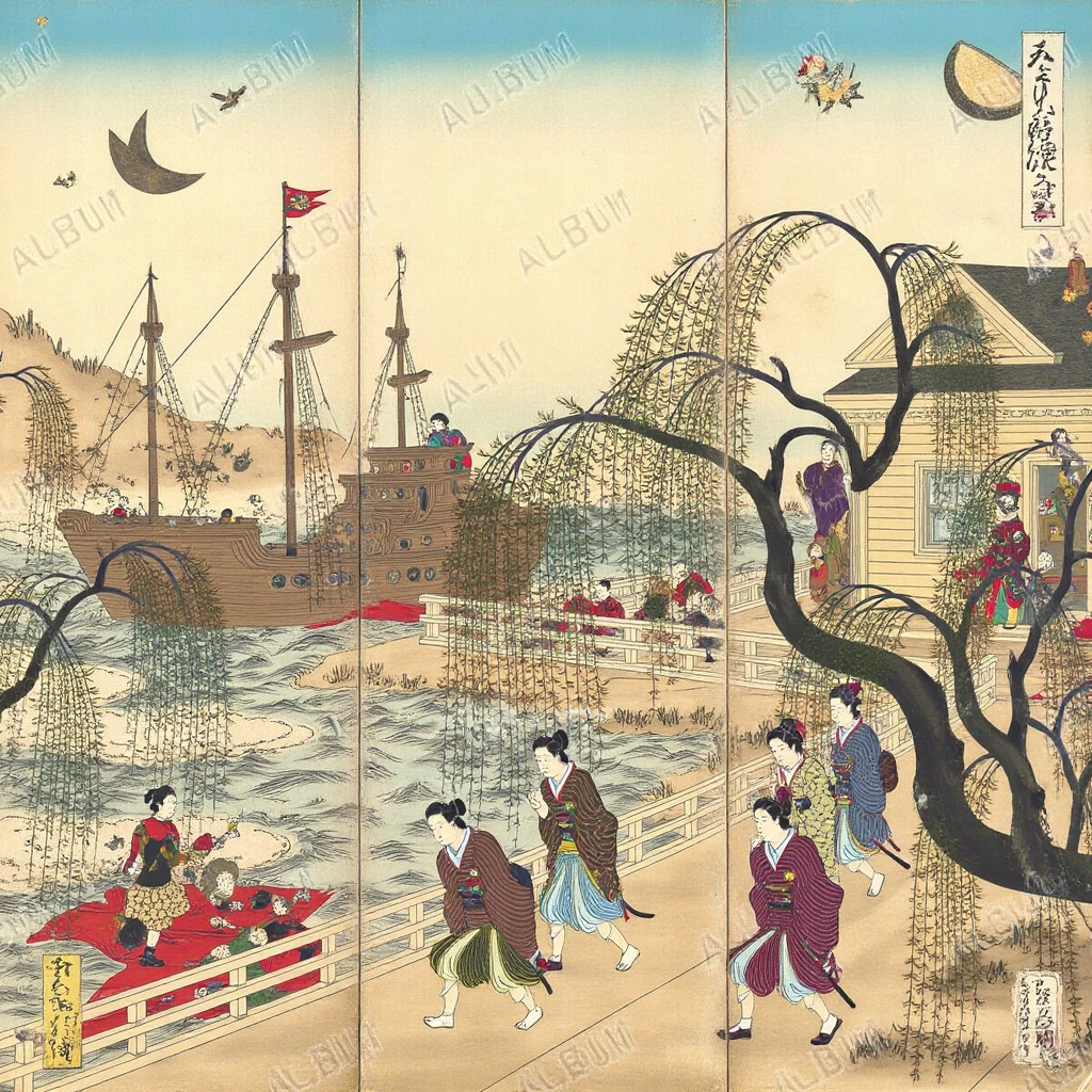 yamatostyle art. A bustling harbor in Edo period Japan, with ships docking and workers loading goods, while geishas walk gracefully by the water's edge