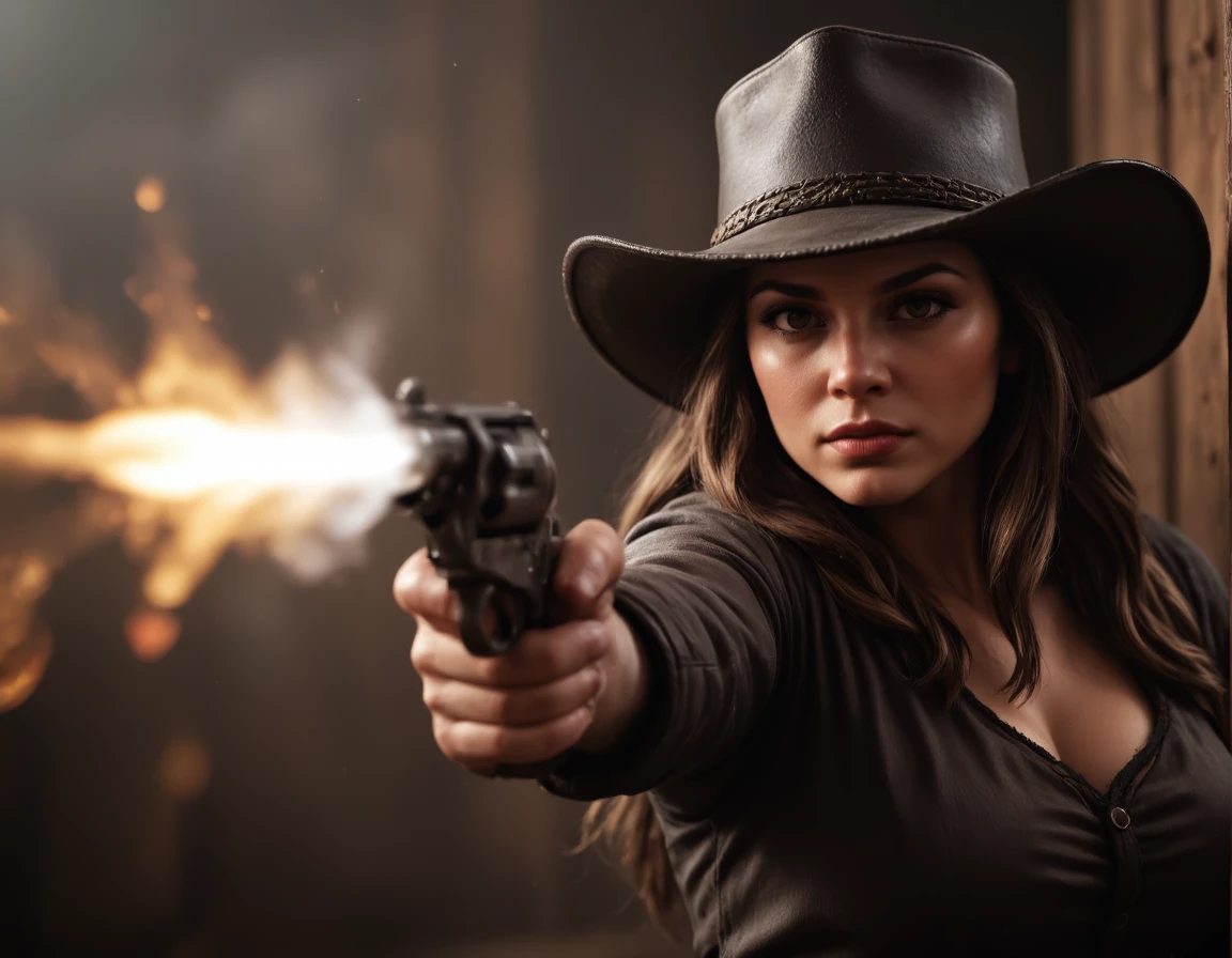 a b4a female cowboy shooting her revolver in direction of the viewer, intricate details, <lora:B4A_Wild_West_-_Flux1-000018:1>, gun smoke, muzzle flash