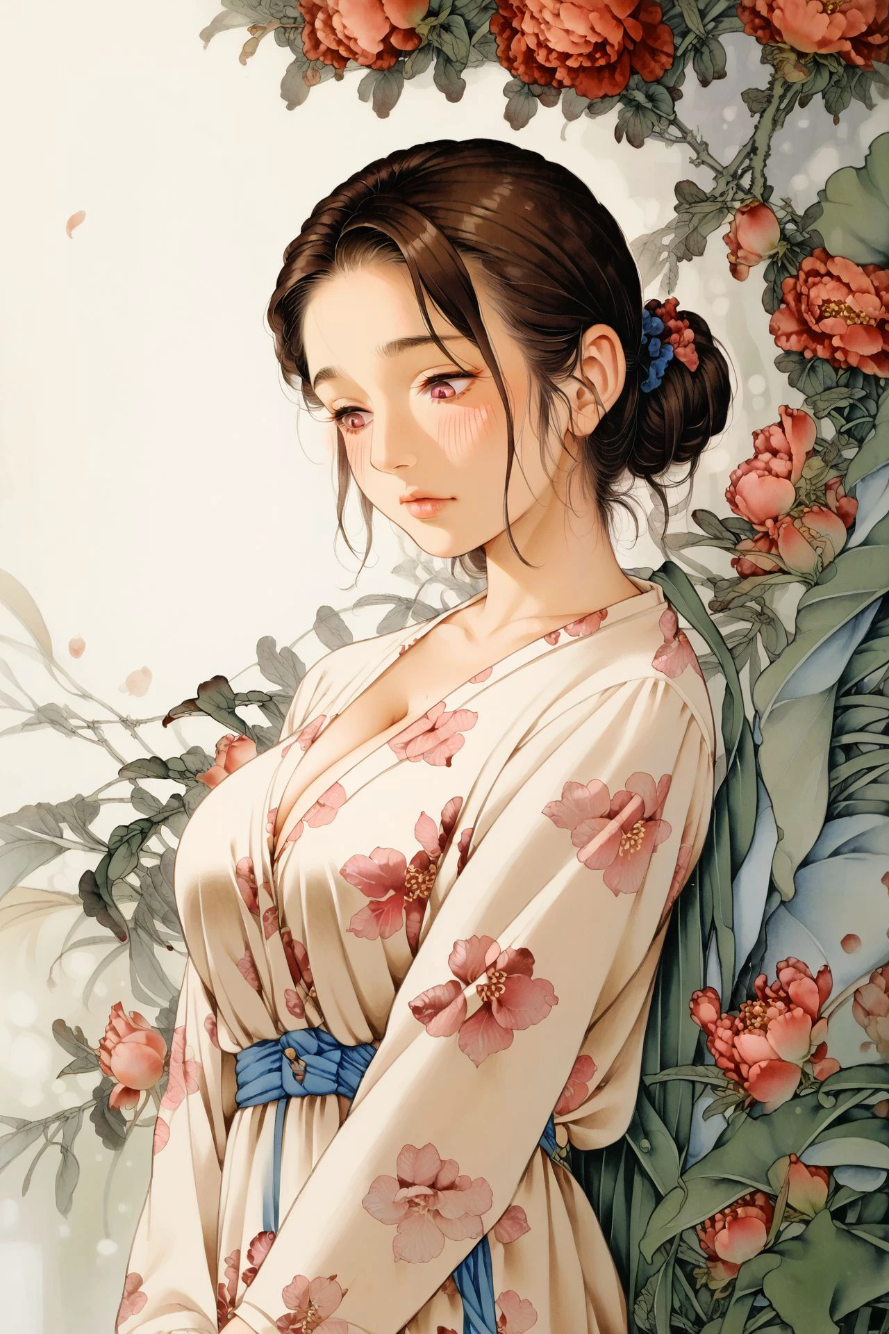 score_7_up, 1girl, solo, blush, looking down, pink eyes, single_hair_intake, brown hair, large breasts, floral_background,  <lora:gongbi_PonyXL_style_v01.10.10.02:1>