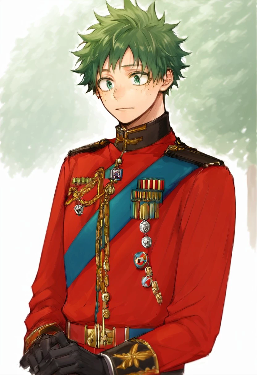 score_9, score_8_up, source_anime, highly detailed, gloves, uniform, order of the garter, , black gloves, military, medal,male focus, Military outfit, military uniform, military medal,deku,green hair,green eyes,short hair,freckles