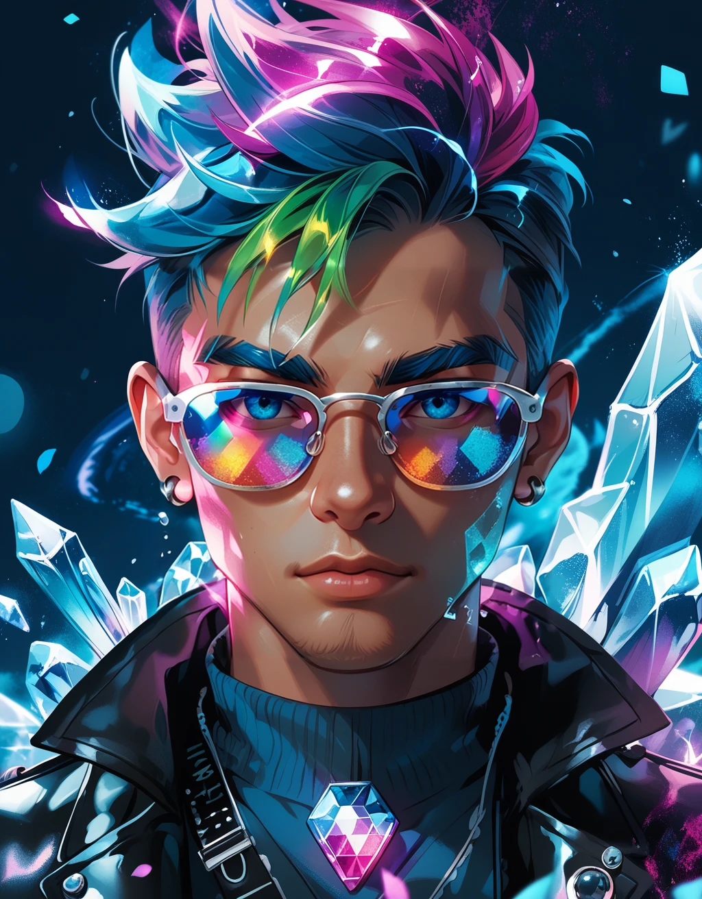 score_9,score_8_up, score_7_up, male, punk colors hair,  sunglasses, dark style, neon glowing rainbow background, rainbow gems, gemtech,  <lora:neonifr:0.8> dispersion effect, icy energy, light aura, fragments dispersing, radiating cold, glowing, luminous, ice-like texture, neonifr