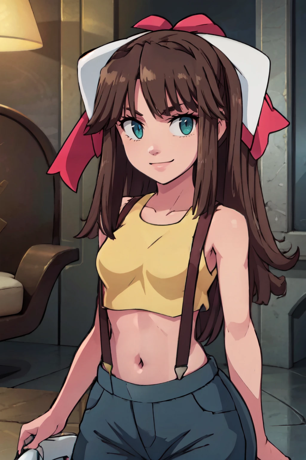 ((masterpiece,best quality)), absurdres,  BREAK, , <lora:Maria_Nanadan_Tenchi:0.8>,  maria, brown hair, pink bow, , BREAK,  <lora:Misty_Pokemon_Cosplay_v3:0.8>,  misty (pokemon) (cosplay), yellow crop top, suspenders,, BREAK, solo, smile, looking at viewer, cowboy shot,