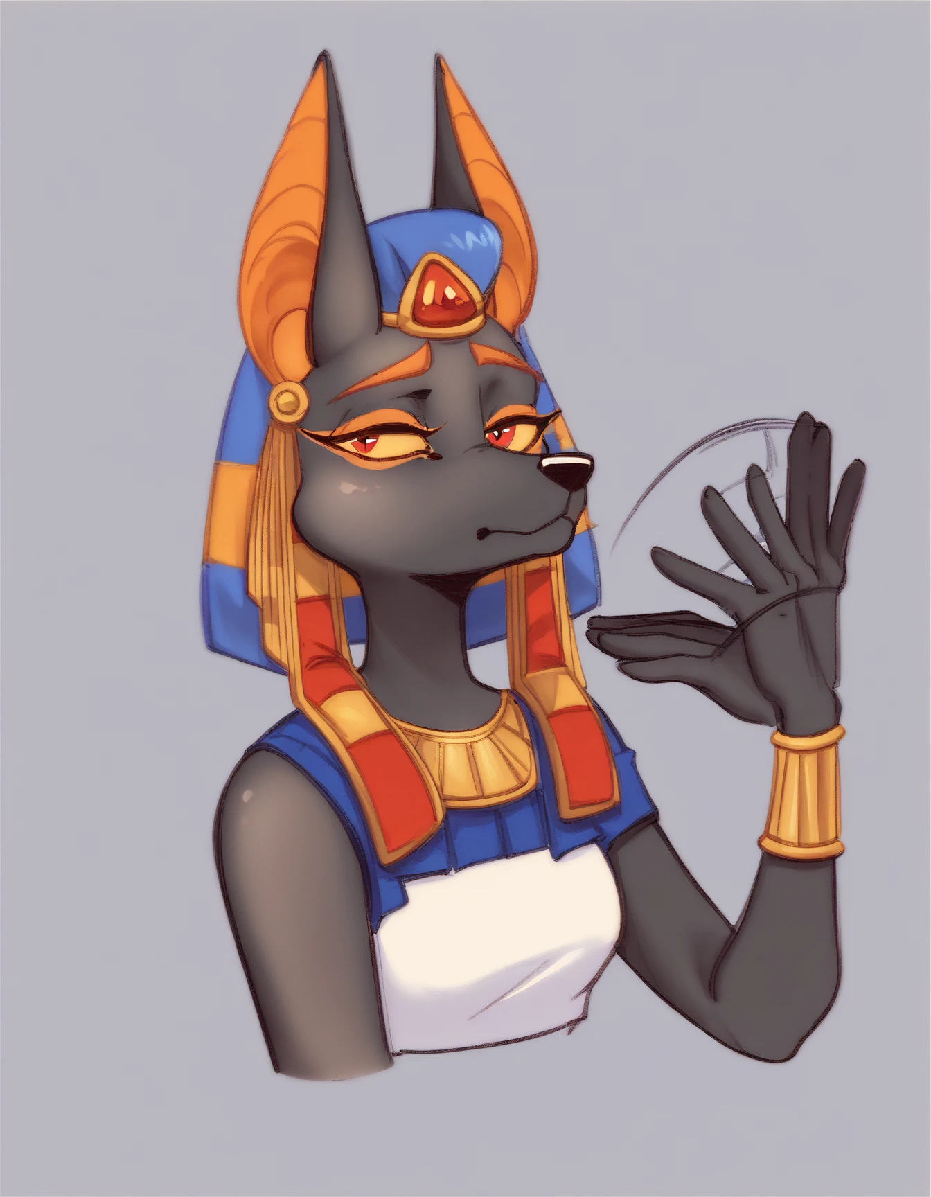 score_9, score_8_up, score_7_up, score_6_up, score_5_up, score_4_up
Anubis, brown fur, orange eyebrows, yellow sclera, red eyes, fanning self, headdress
<lora:Anubis_XL:0.9>
 <lora:fanningself_Pony_v1:1>