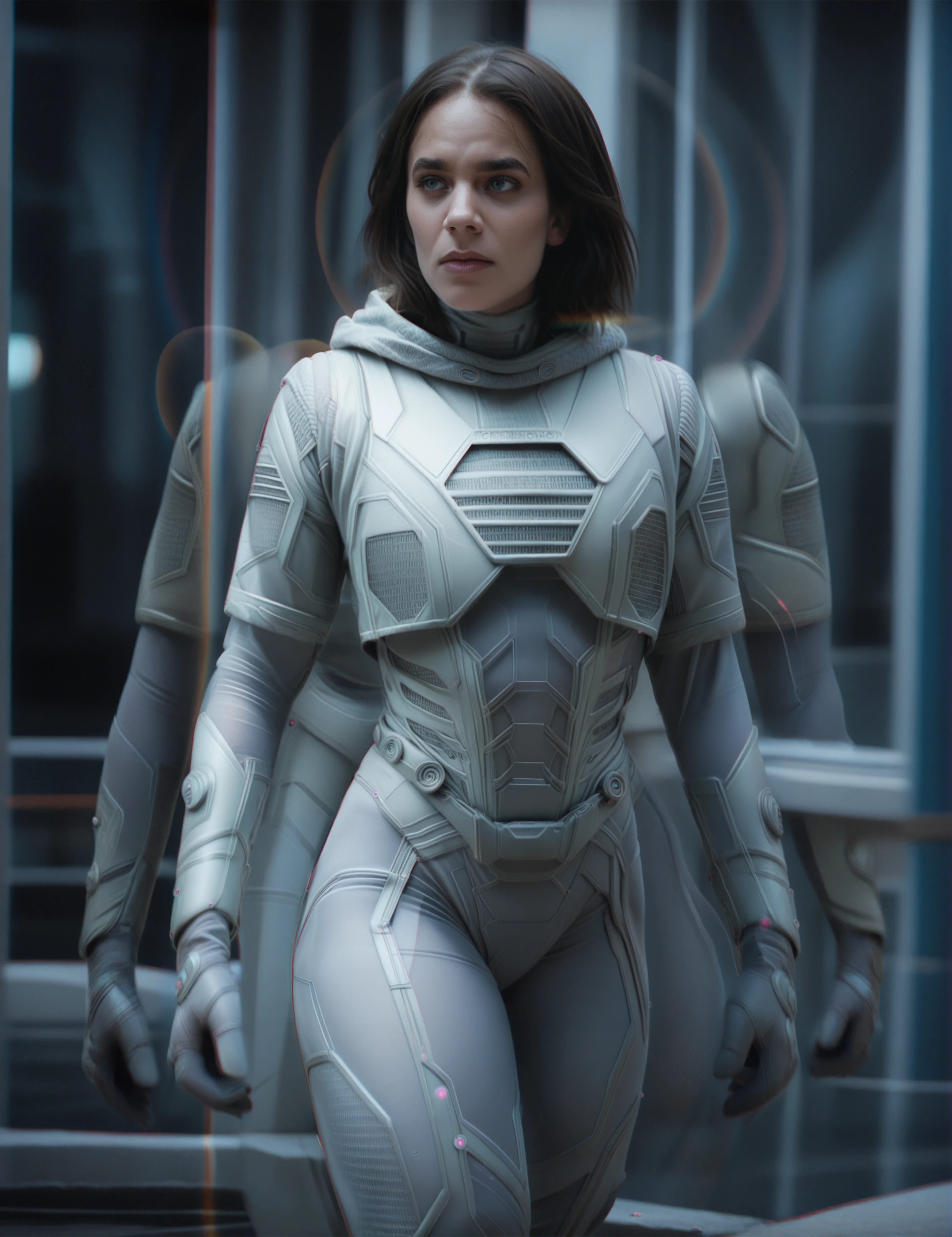 bodysuit, sci-fi, (reflections), (chromatic aberration)perfect waist, walking<lora:MCU_Ghost:0.7> mcu_gh05t, (Solo), closed mouth, beautiful girl, score_9, score_8_up, score_7_up, score_6_up