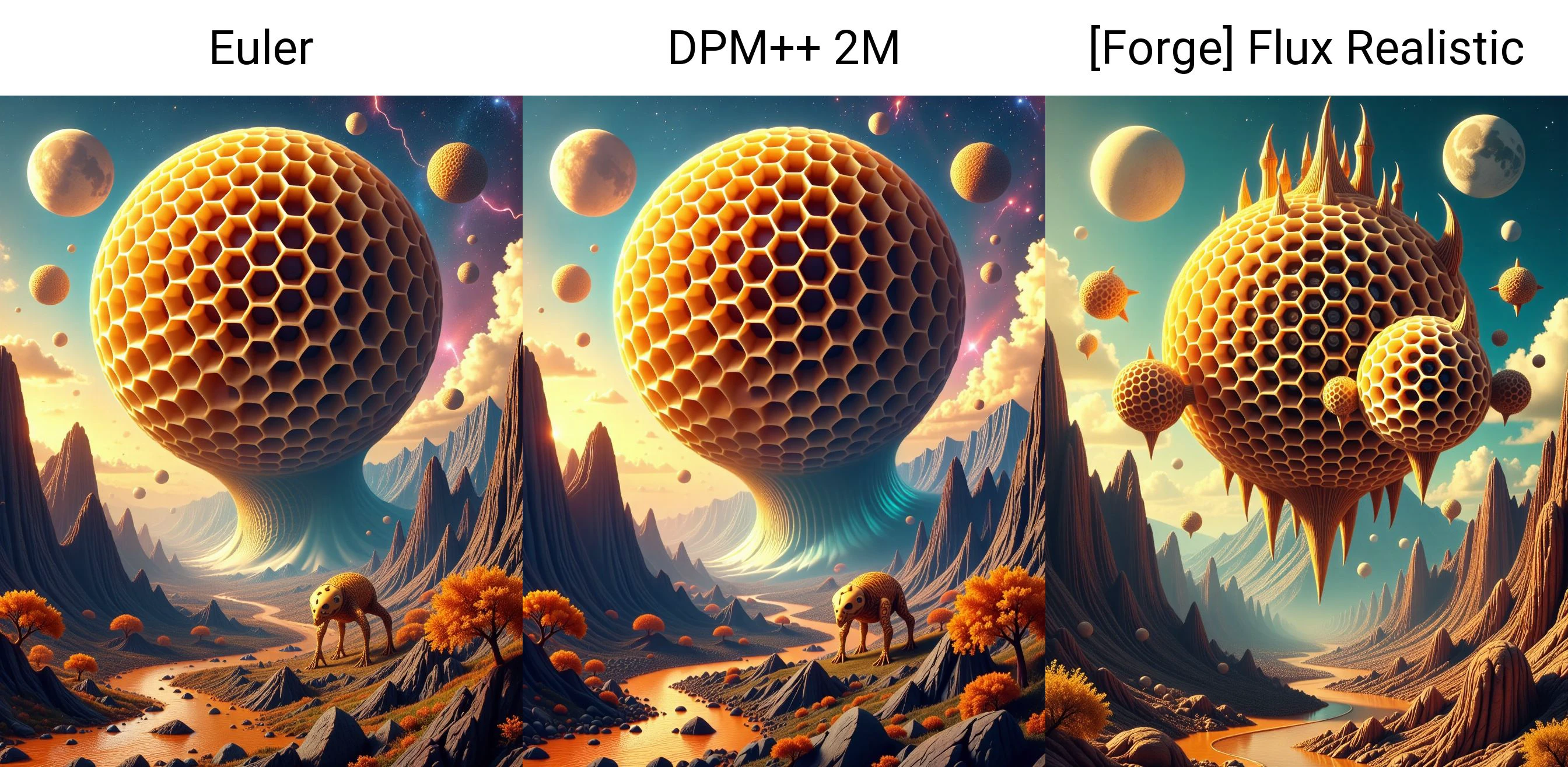 <lora:Flux_-_Honeycomb_Style:1> A surreal alien planet floating in deep space, entirely made of honeycomb structures. The planet has towering mountains, rivers of glowing liquid honey, and forests of honeycomb trees with translucent hexagonal leaves. Gigantic honeycomb creatures, part machine and part organic, roam the surface—some with multiple limbs, wings, or even floating, tentacle-like appendages. The sky above is filled with swirling nebulae and honeycomb-shaped moons, casting an eerie light across the alien landscape. The atmosphere pulses with energy, as electrical storms crackle through the honeycomb clouds, blending sci-fi, fantasy, and abstract art.