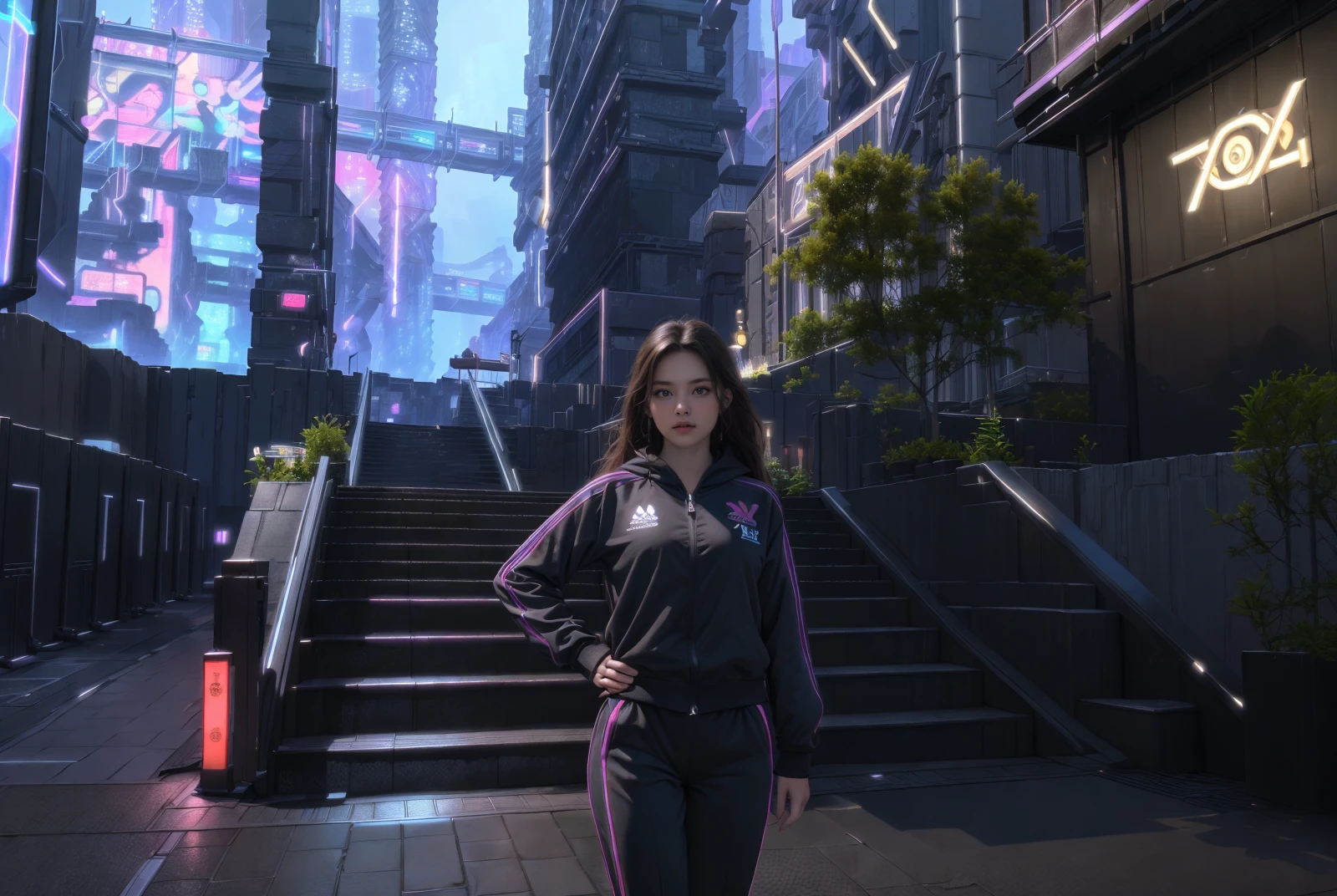 1girl, women, (she is wearing tracksuit:1.3), Overhead camera, sharp focus, handsome, plump legs, skinny, professional lighting, rendered eyes, tall body, adult woman, hair ornament, instagram most viewed, official wallpaper, official art, (japanese idol), building, ((photorealistic painting art by midjourney and greg rutkowski)), BREAK (bangs, medium wavy hair, brown hair, standing), (Solution9, landscape, skyscrapers, bridge, city lights, fence, flower, ground vehicle, halo, mecha, monitor, motor vehicle, neon lights, night, science fiction, silhouette, skyscraper, stairs, waterfall, outdoor:1.3), <lora:Solution9:0.8>,