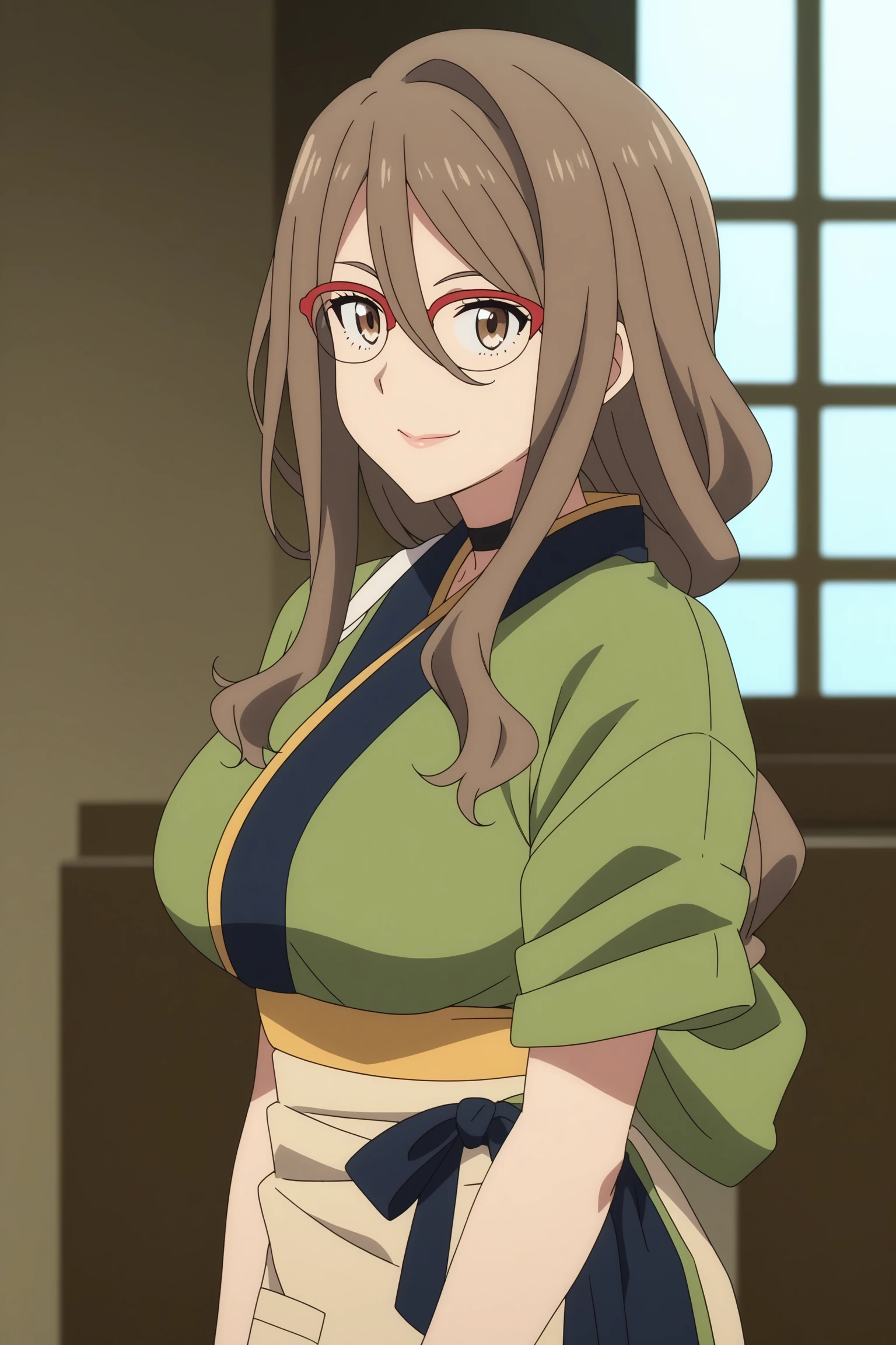 nakahara mizuki, brown hair, long hair, ponytail, hair tie, sidelocks, hair between eyes, red-framed eyewear, brown eyes, japanese clothes, kimono, choker, green uniform, blue collar, short sleeves, sleeves rolled up, apron, blue skirt, long skirt, tabi, flip-flops, <lora:Mizuki_Nakahara:0.8>, score_9, score_8_up, score_7_up, score_6_up, score_5_up, source_anime, rating_safe, medium breasts, indoors, 1girl, solo, looking at viewer, <lora:age_slider_v4:2>, (upper body:1.2), (anime screencap:1.5), from side