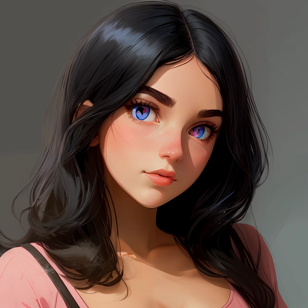 portrait, flat illustration of a girl with black hair and blue eyes on a pink background