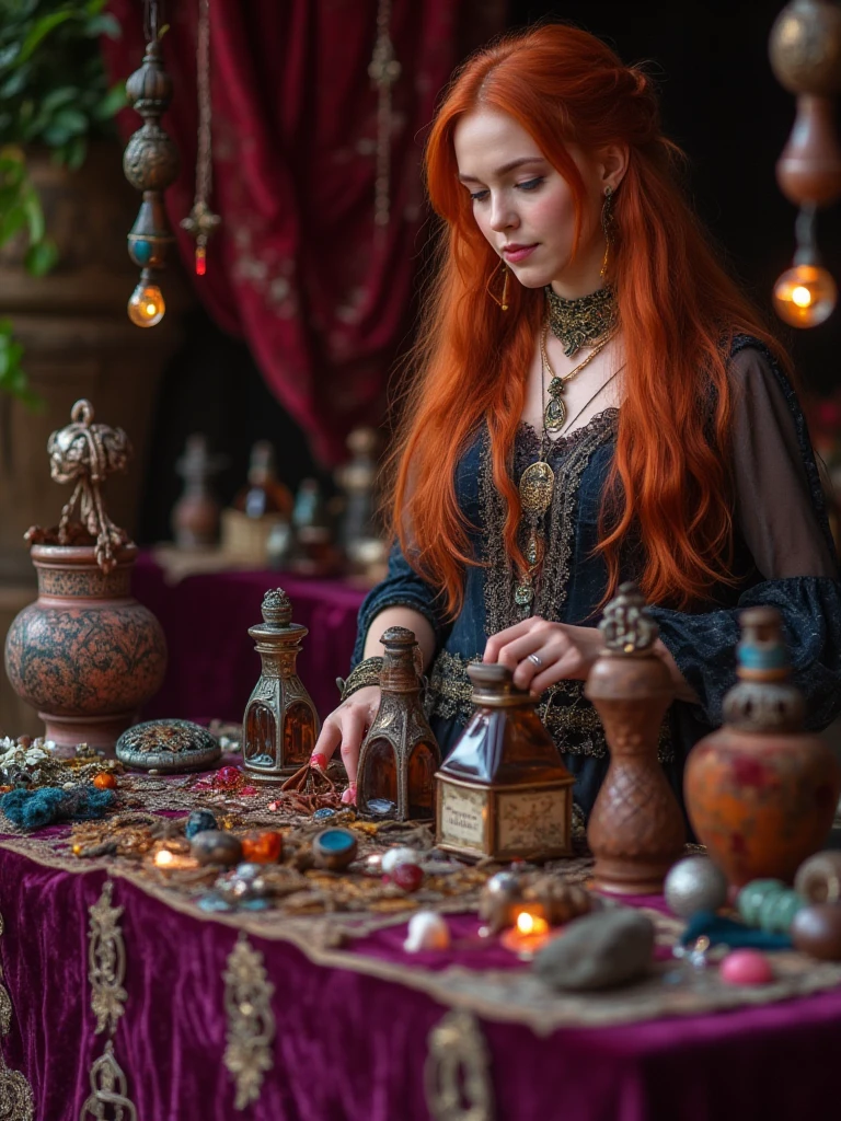 The masterful photograph captures a vibrant fantasy world The stall of a red-haired beauty radiates an alluring, magical charm, drawing curious glances from passersby. Her table is draped in rich velvet cloths, displaying an array of ornate love potions, delicate accessories—silver rings, lace chokers, and enchanted charms that catch the light. Infront of them medieval adult toys, carved from fine wood and polished stone, adding an air of mystery and seduction to the scene.
The vendor herself, with fiery hair cascading down her shoulders, wears a sultry smile as she tends to her potions, her fingers moving gracefully over her wares. The subtle shimmer of her enchanted trinkets filling the air with a husky, magical energy. Behind her, rich tapestries in deep crimson and purple create a sensual backdrop, completing the intimate, mystical atmosphere of her stall, which stands as a beacon of forbidden allure amidst the busy market.
The composition is using the rules of thirds and the golder Spiral.
The layered display draws the eye inward, from the finely crafted adult toys, towards the potions and the merchant herself.
Use vibrant warm colours incorporate accents of cyan and gold across the whole image.
Create a dense, rich atmosphere.