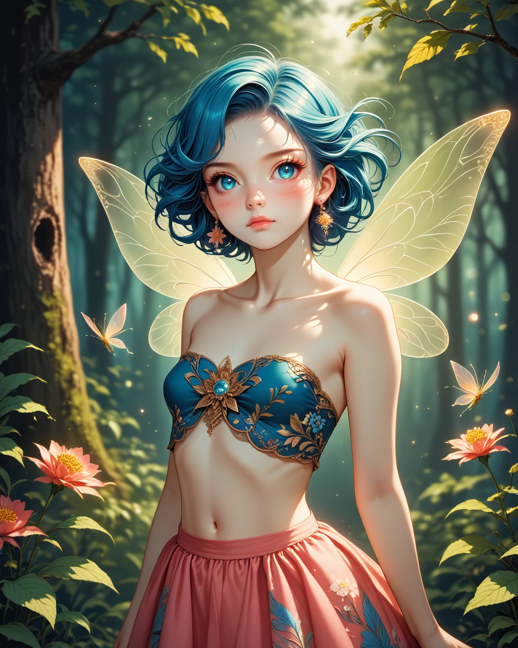 score_9, score_8_up, score_7_up, 1girl, nature, forest, solo, wings, short_hair, looking_at_viewer, earrings, jewelry, blue_eyes, breasts, outdoors, navel, tree, bare_shoulders, fairy_wings, standing, blue_hair, closed_mouth, day, blurry, bangs, lips, blurry_background, small_breasts, strapless, fairy, blush, midriff, backlighting, skirt, bandeau, collarbone, <lora:neonifm:0.8> neonifm, floral motif, sharp, high-definition detailin, color palette, art nouveau influence, baroque-inspired elegance, modern digital Illustration, pop surrealism, rococo elements, glamour, fashion Illustration, glow effect on skin, soft focus around,  <lora:SDXLFaeTastic2400:0.8>